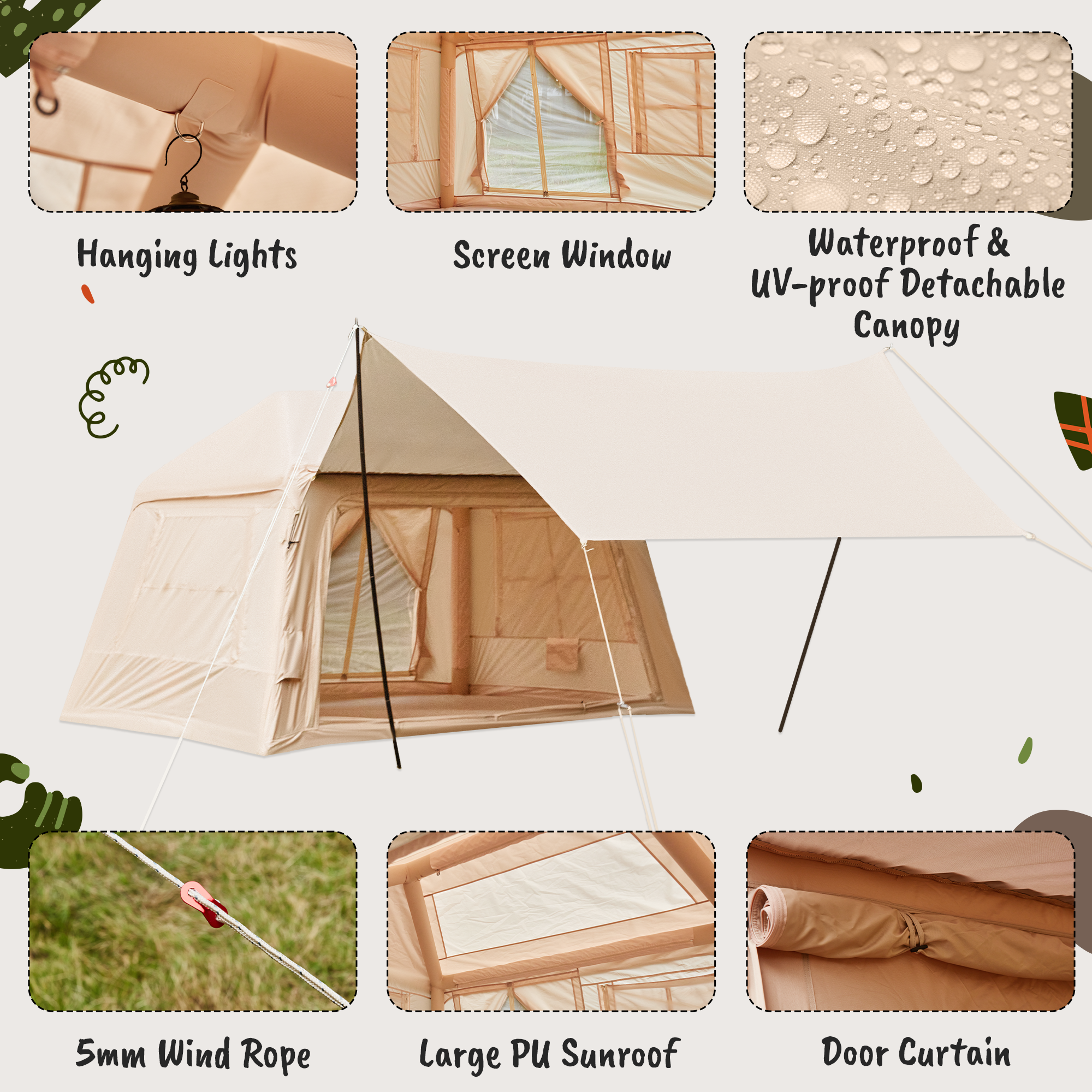 EROMMY 4-6 Person Inflatable Camping Tent - Easy Setup, 4 Season Waterproof Oxford Fabric with Mesh Windows - Spacious Family Tent for Outdoor Adventures, Backpacking & Beach Trips