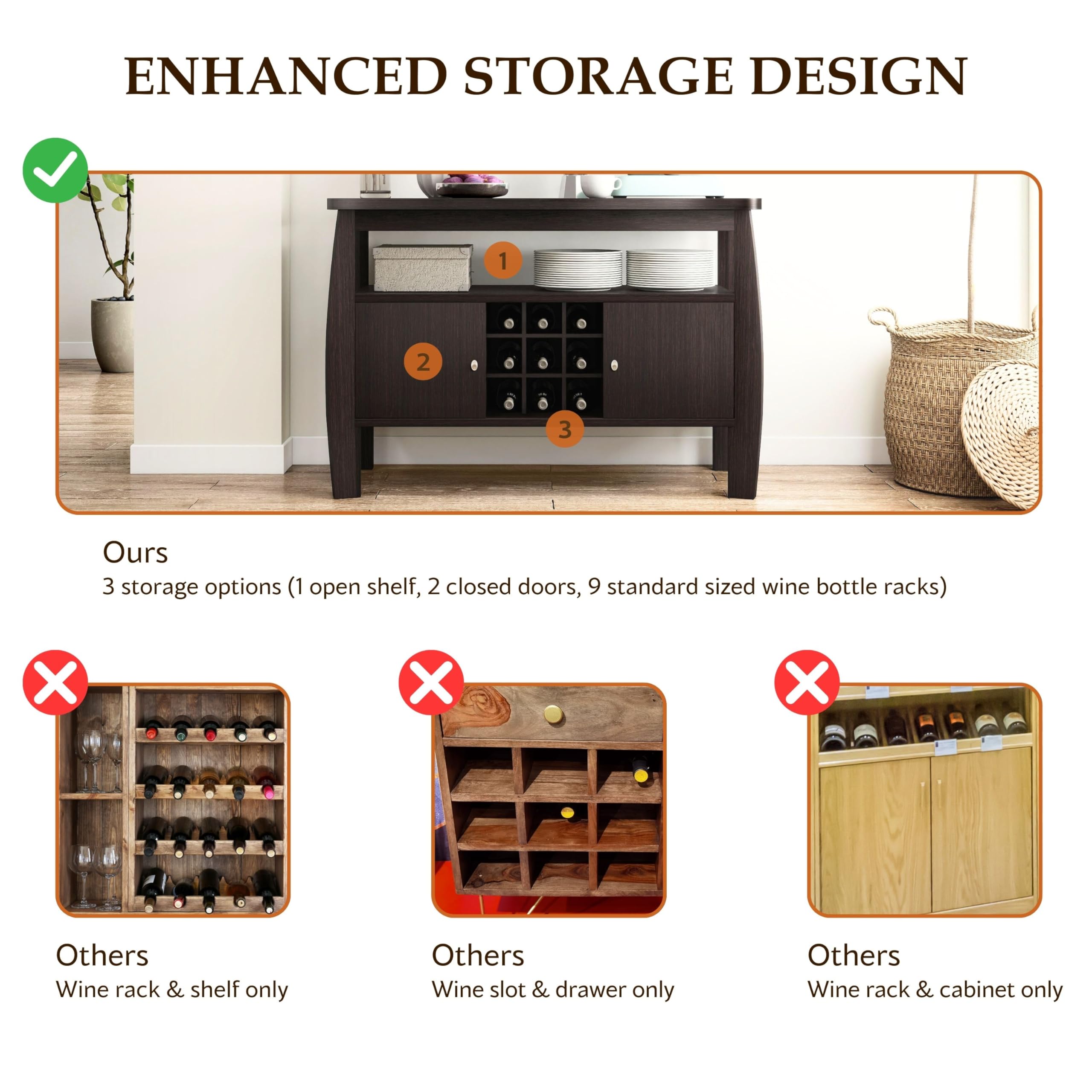 Furniture of America Clyton Modern Kitchen Buffet Storage Cabinet with Doors & Shelves - Wood Sideboard Table, Coffee Bar & 9-Grid Wine Rack for Dining Room, Living Room - Dark Espresso Finish - Perfect for Entertaining, Storage & Home Decor