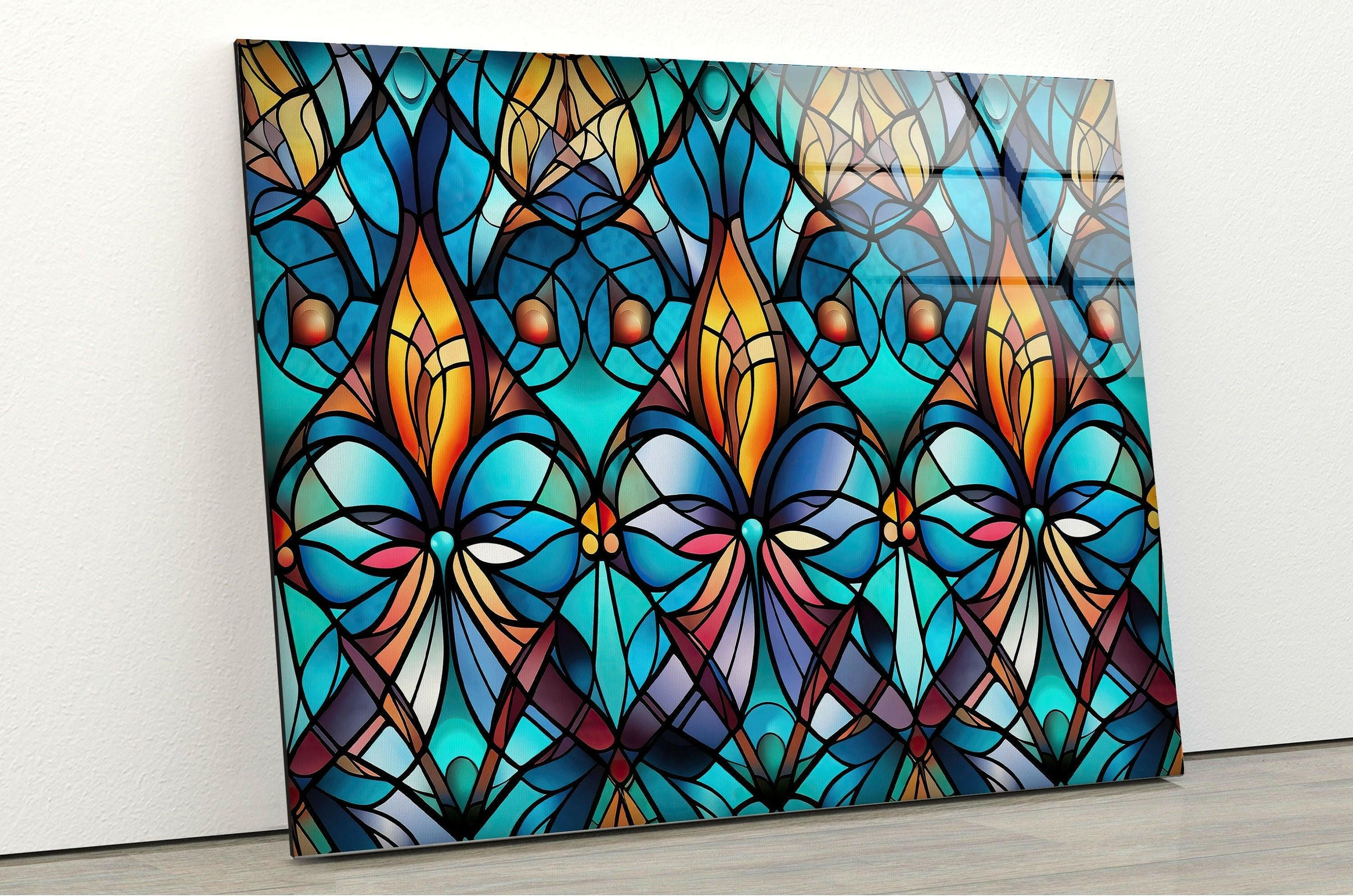 Handmade Blue Stained Glass Wall Art - Elegant Tiffany Style Window Panel Decor for Living Room, Bedroom & Church - Perfect for Home, Office & Wedding Decorations