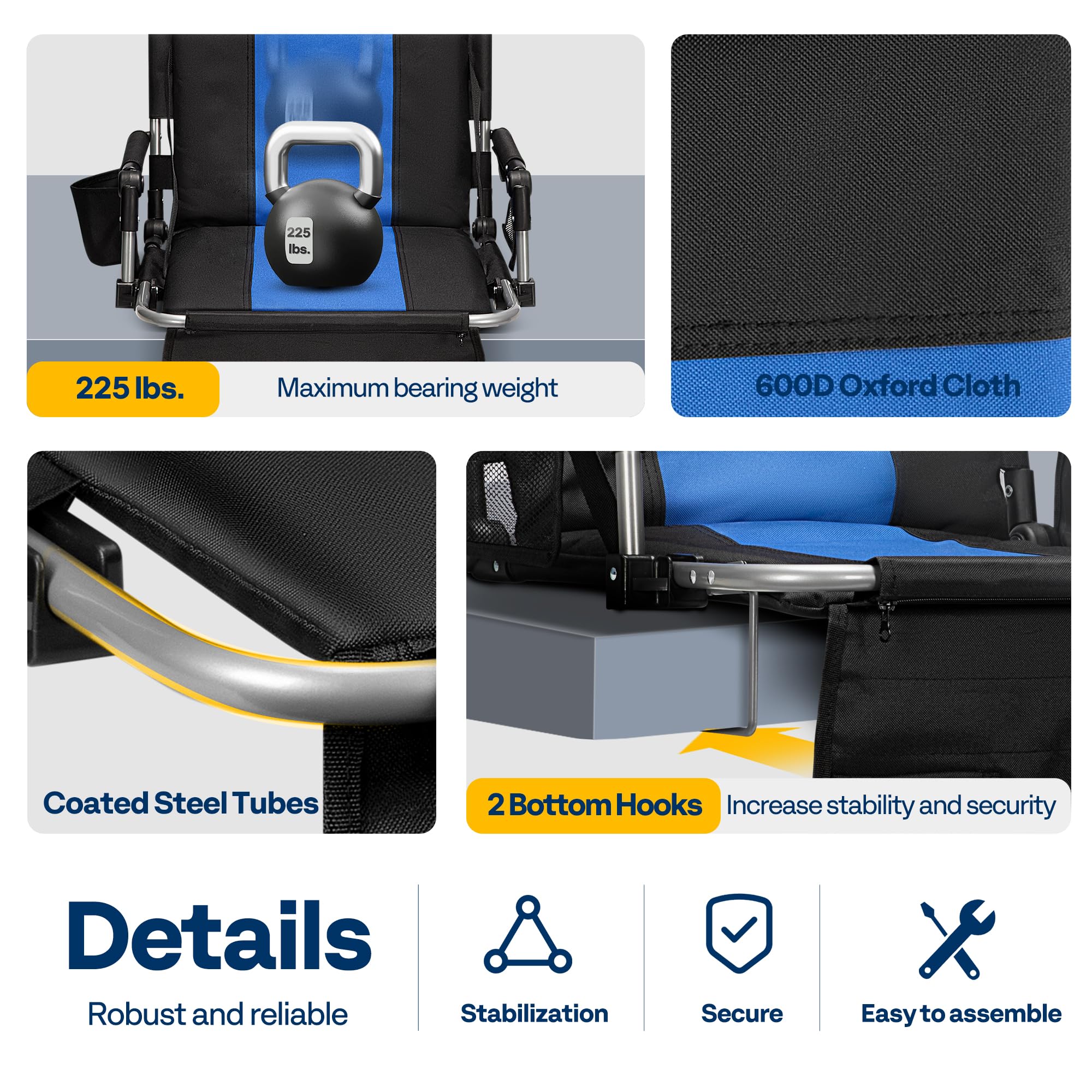 VIVOHOME 2 Pack Stadium Seats with Back Support & Cushion - Portable Bleacher Chairs with Cup Holder, Storage Bags & Shoulder Strap - Black & Blue - Perfect for Football Games, Concerts & Outdoor Events