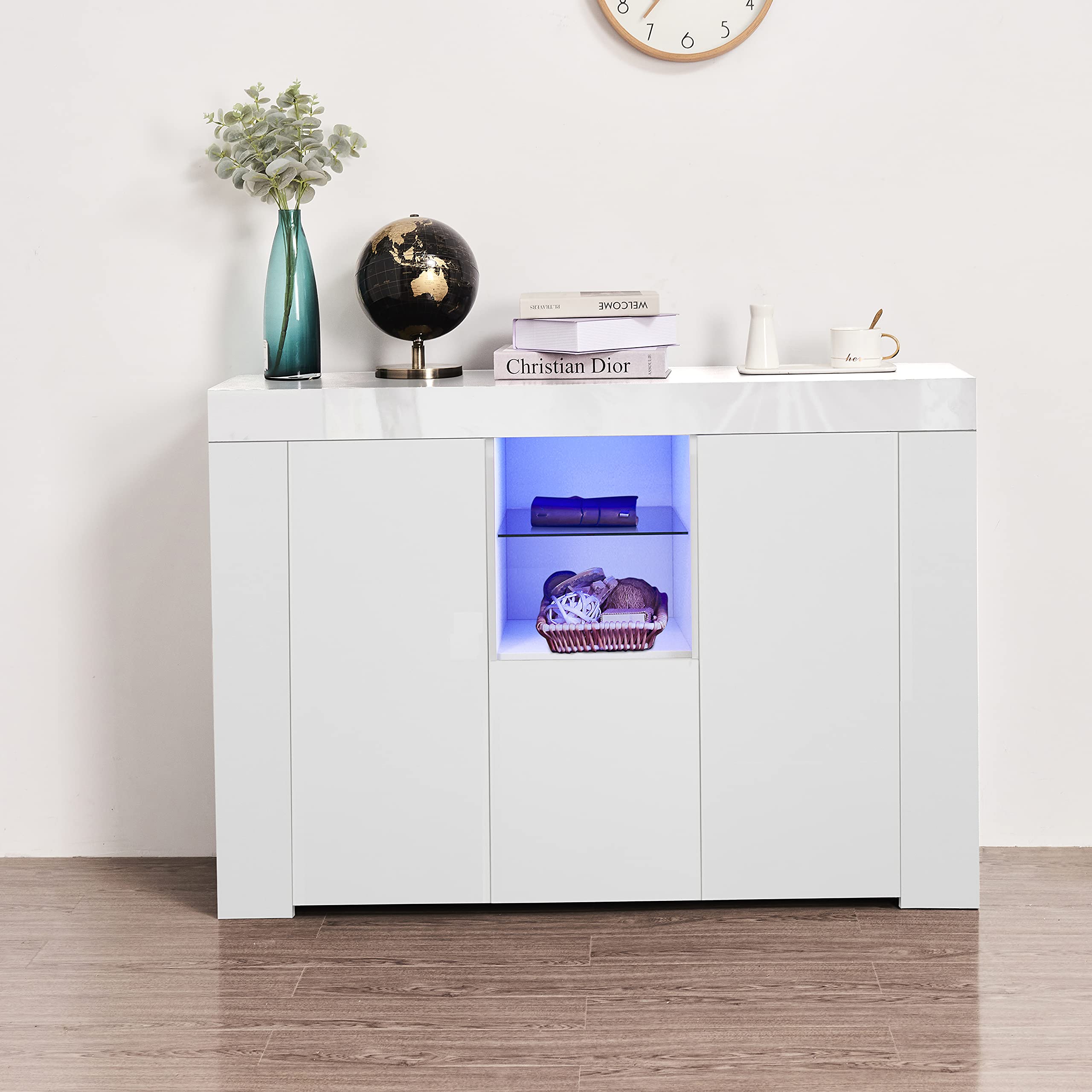 Modern Sideboard Storage Cabinet with LED Lights - Wooden Buffet Display Cabinet with 2 Cabinets & Glass Shelf - Perfect for Dining Room, Kitchen, Living Room as TV Stand, Buffet Server, or Display Unit