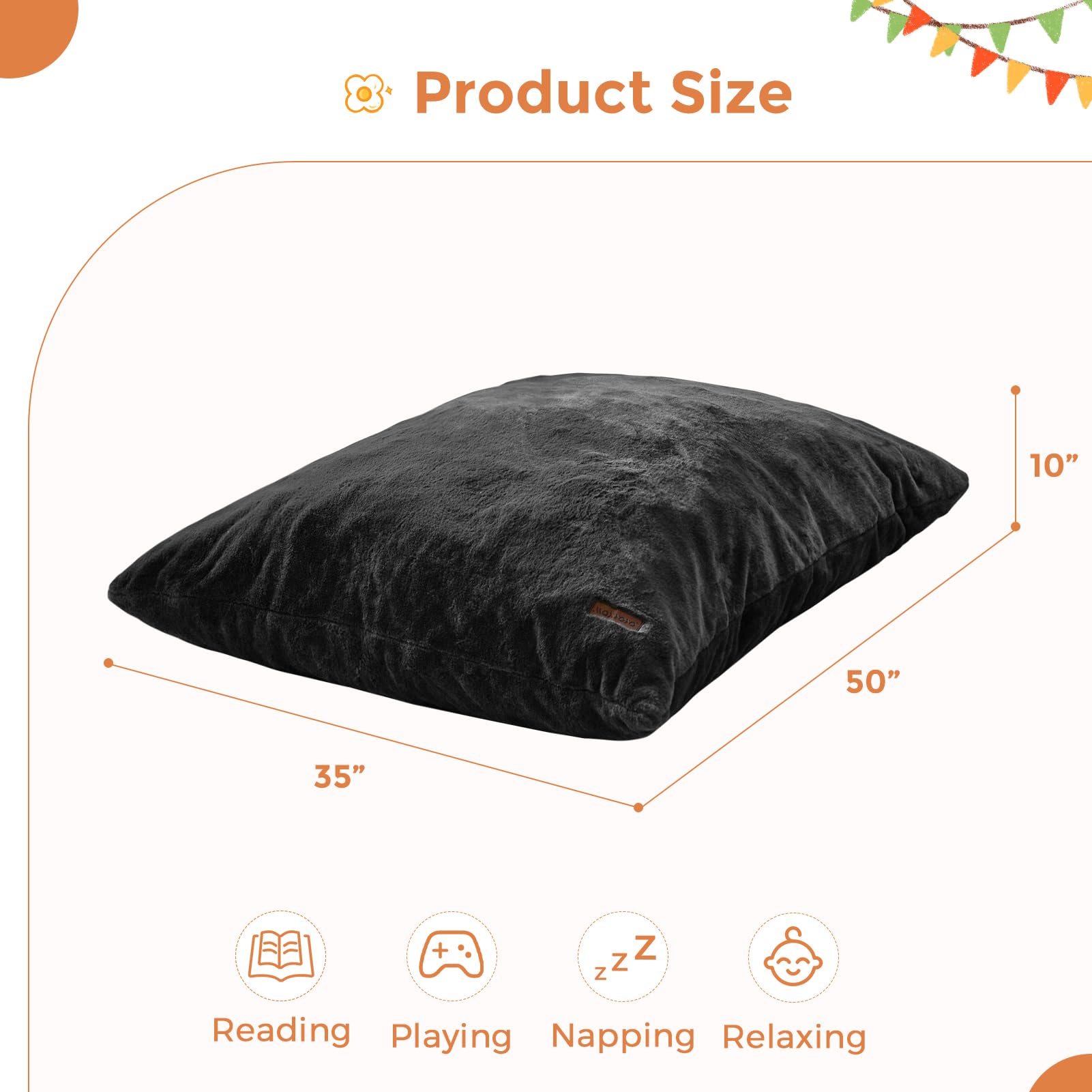 MAXYOYO 3-in-1 Kids Bean Bag Chair Bed - Convertible Faux Fur Floor Sofa for Children's Room, Gaming & Reading - Soft & Comfortable (Black) | Perfect for Playrooms, Bedrooms & Cozy Reading Nooks