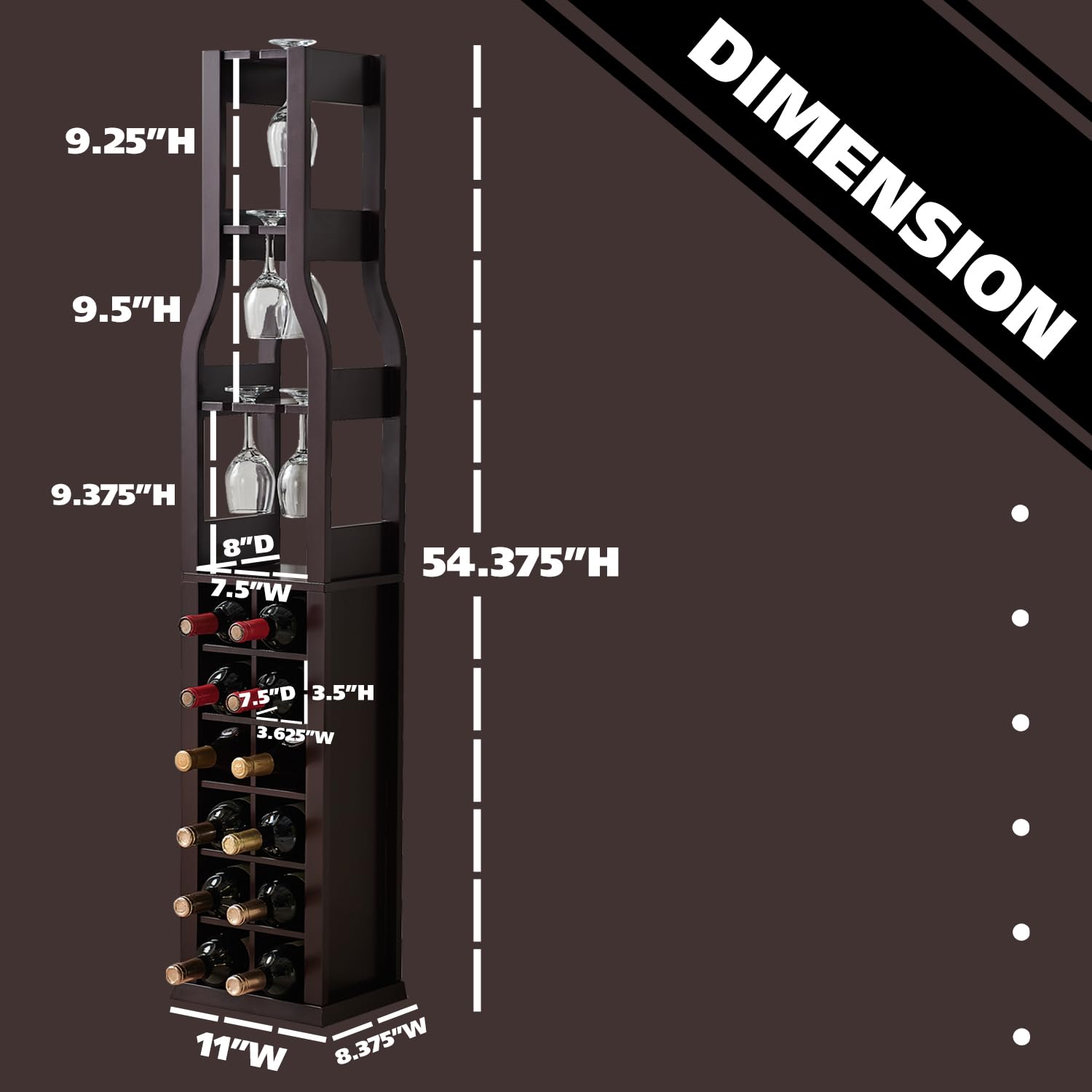 Kings Brand Granger Freestanding Wine Rack with Glass Holder - 12 Bottle Capacity & 3 Stemware Racks - Dark Cherry Wood Floor Standing Wine Storage for Home Bar, Kitchen, Dining Room - Perfect for Wine Enthusiasts & Entertaining Guests