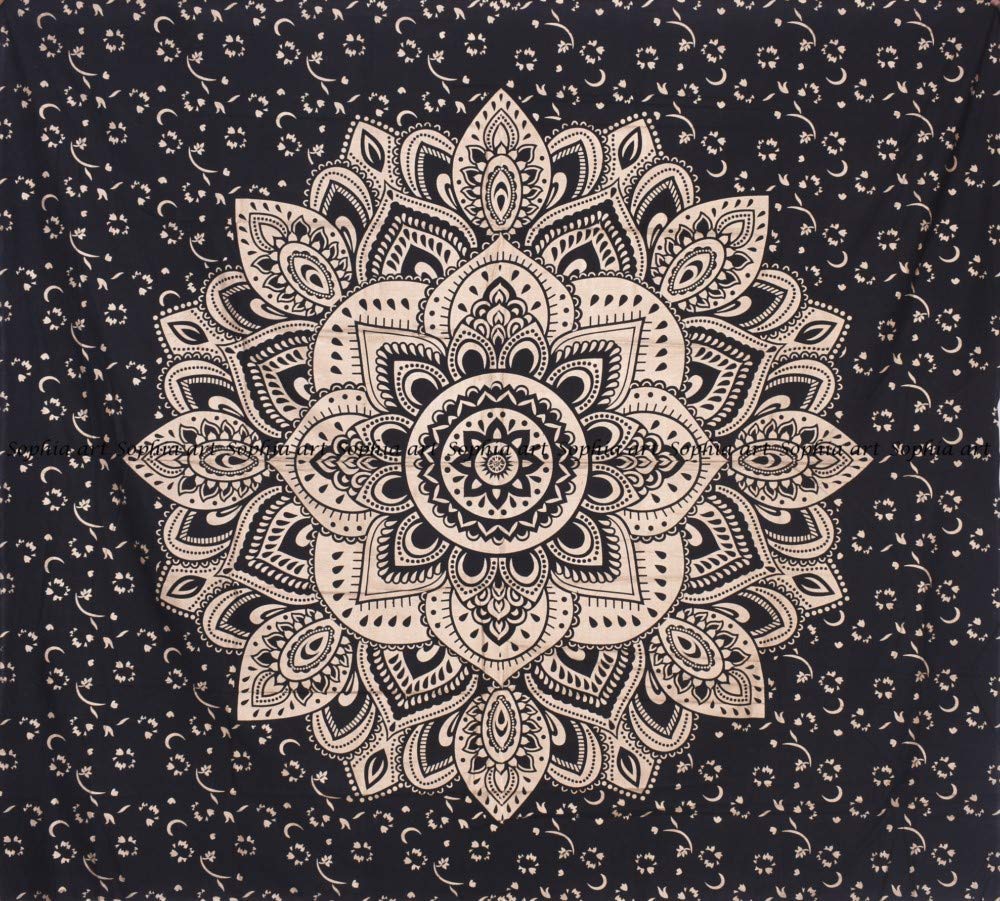 Sophia-Art Indian Handmade Bohemian Cotton Duvet Cover Set with Mandala Ombre Print - Twin Size 52x74 Inches (Black Gold Flower) - Includes Comforter Cover & 2 Pillow Shams - Perfect for Boho Chic Bedroom Decor & Hippie Style Home Furnishing