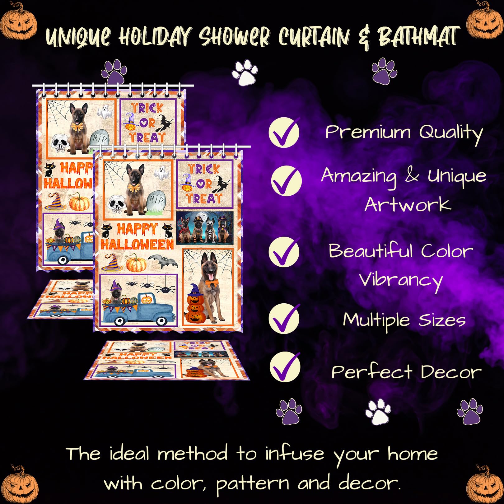 Halloween Trick or Treat Belgian Malinois Dog Bath Mat & Shower Curtain Set - Non-Slip Bathroom Decor, Plush Rug & Polyester Bathtub Curtain with Hooks (Mat 20