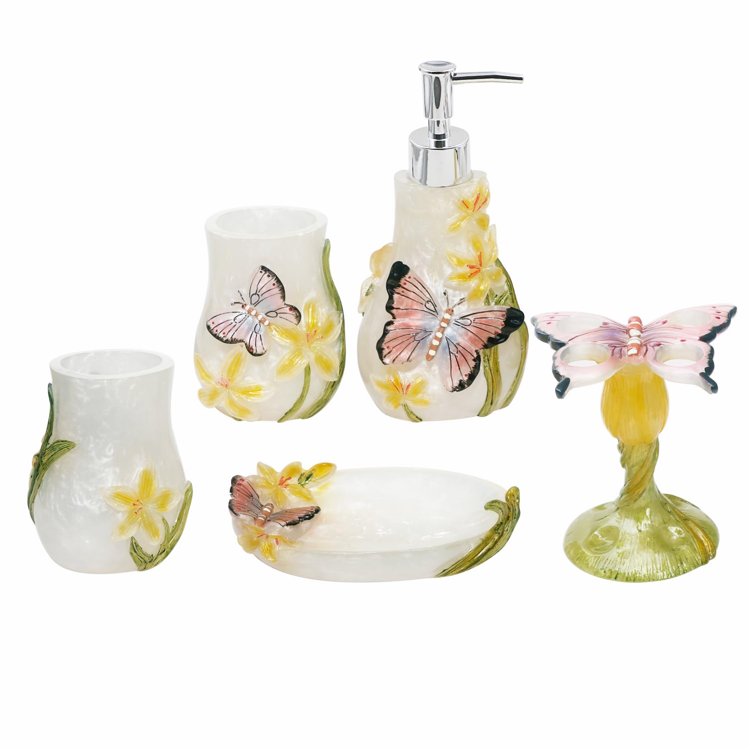 Elegant Butterfly Pattern Bathroom Vanity Set - Soap Dispenser, Toothbrush Holder, Soap Dish & Tumblers | Perfect for Home Decor, Housewarming Gift & Spa-Like Bathroom Experience