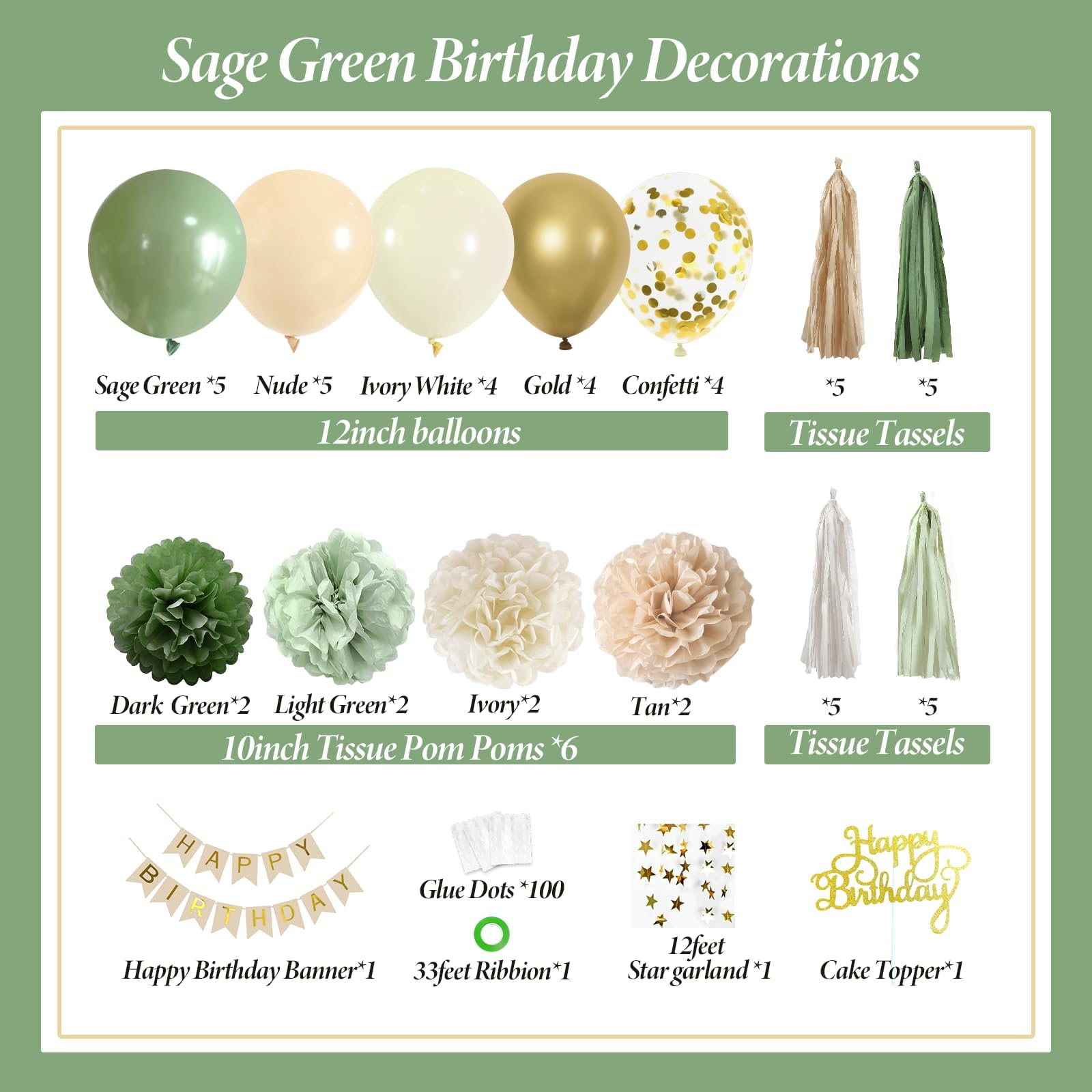 Sage Green Birthday Party Decorations Kit - Includes Banner, Tissue Tassels, Paper Pompoms, Balloons & Star Garland - Perfect for Women's Birthday Celebrations, Baby Showers & Bridal Showers