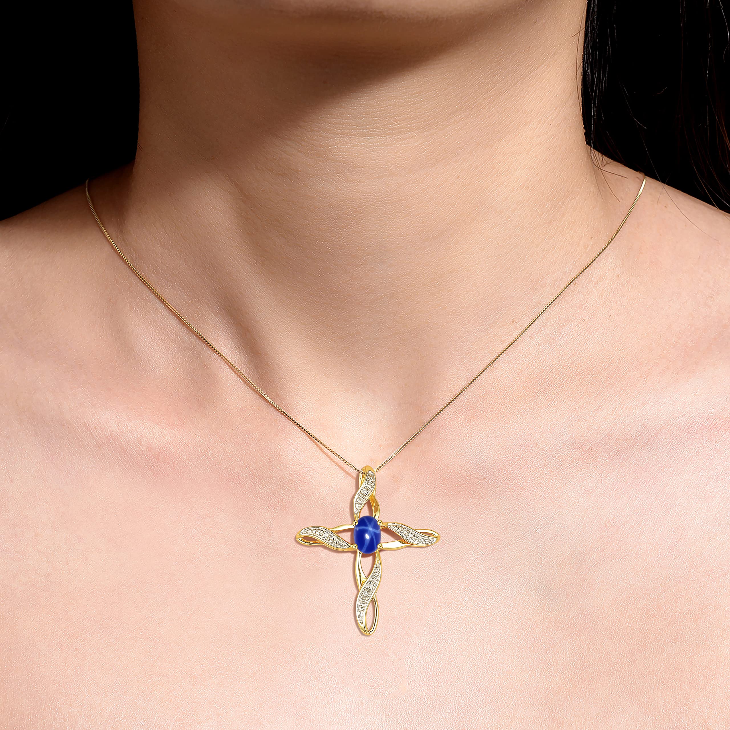 Rylos 925 Sterling Silver Yellow Gold Plated Cross Pendant Necklace with Gemstone & Diamonds - 18