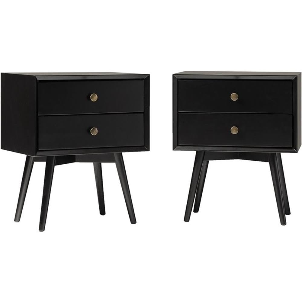 Walker Edison Mia Mid-Century Modern 2-Drawer Solid Wood Nightstands Set of 2, Black - Perfect for Bedroom Furniture, Guest Room, and Apartment Decor