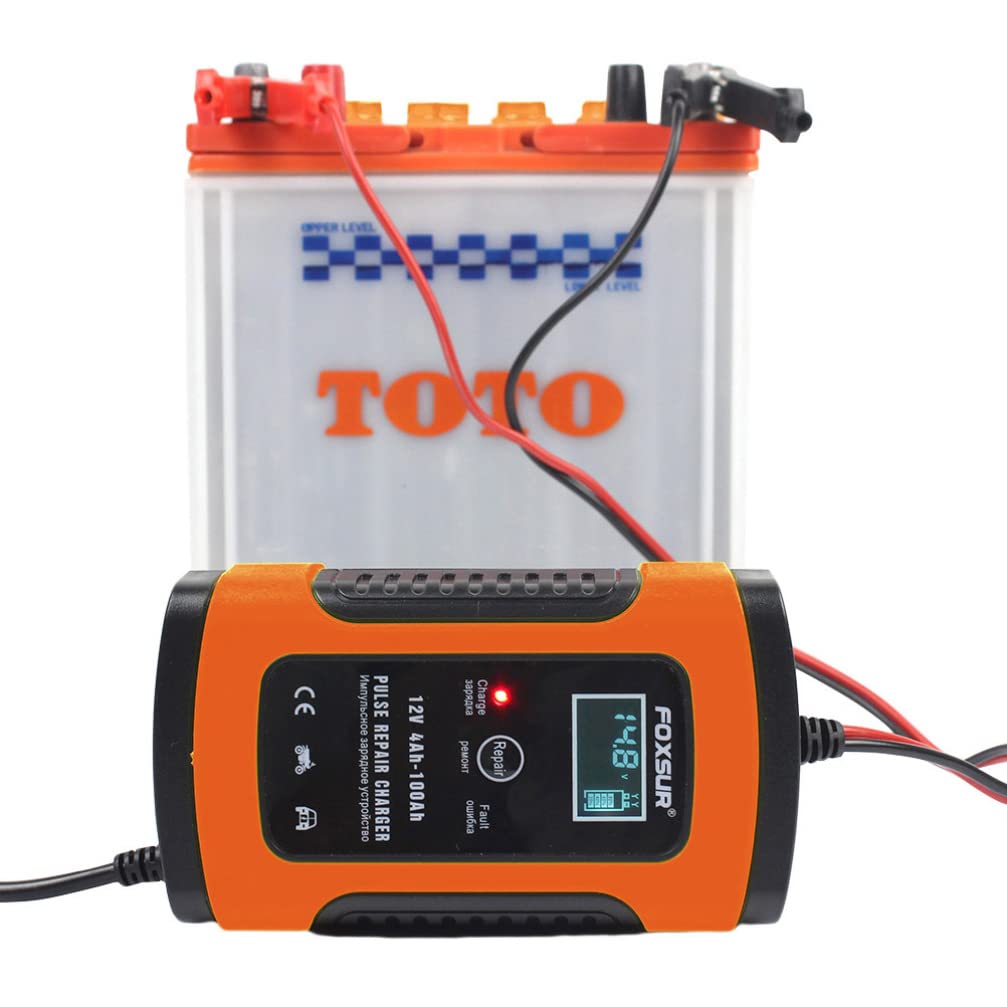 Wakauto 12V Smart Battery Charger for Car, Motorcycle, ATV - LCD Display with US Plug - Perfect for Home Garage, Road Trips & Emergency Charging
