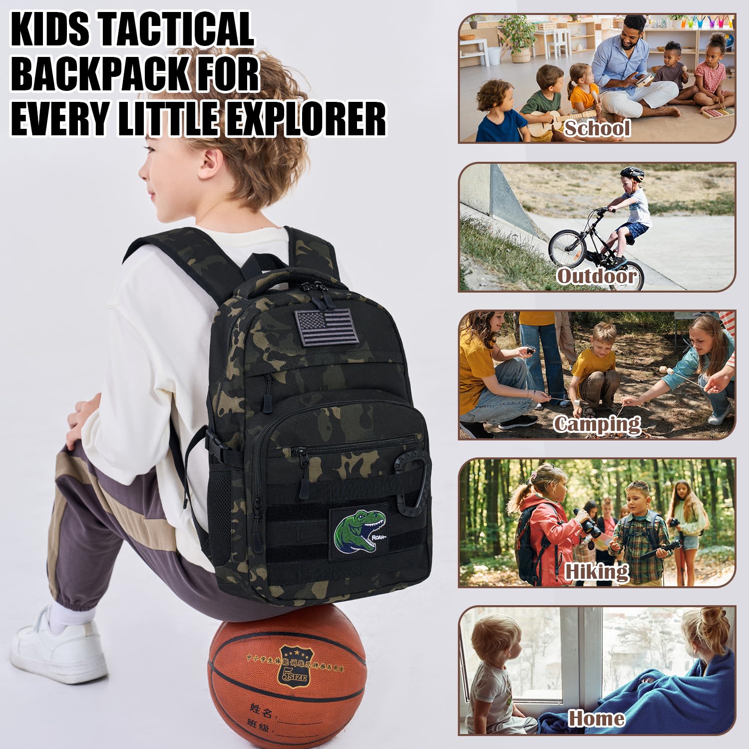 Kids Tactical Backpack - Army Molle Military School Bookbag for Boys - Waterproof Outdoor Camping Backpack with 2 Patches & Carabiner - Black Camo - Perfect for School, Hiking, Travel & Adventure Activities