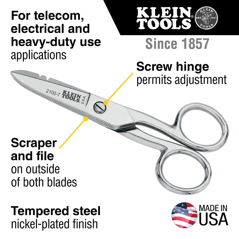 **Klein Tools 2100-7 Nickel-Plated Electrician Scissors with Stripping Notches – 5.25-Inch Heavy-Duty Snips for Datacom, Telecom & Electrical Work – Made in USA – Ideal for Wire Stripping, Cable Cutting & DIY Projects**