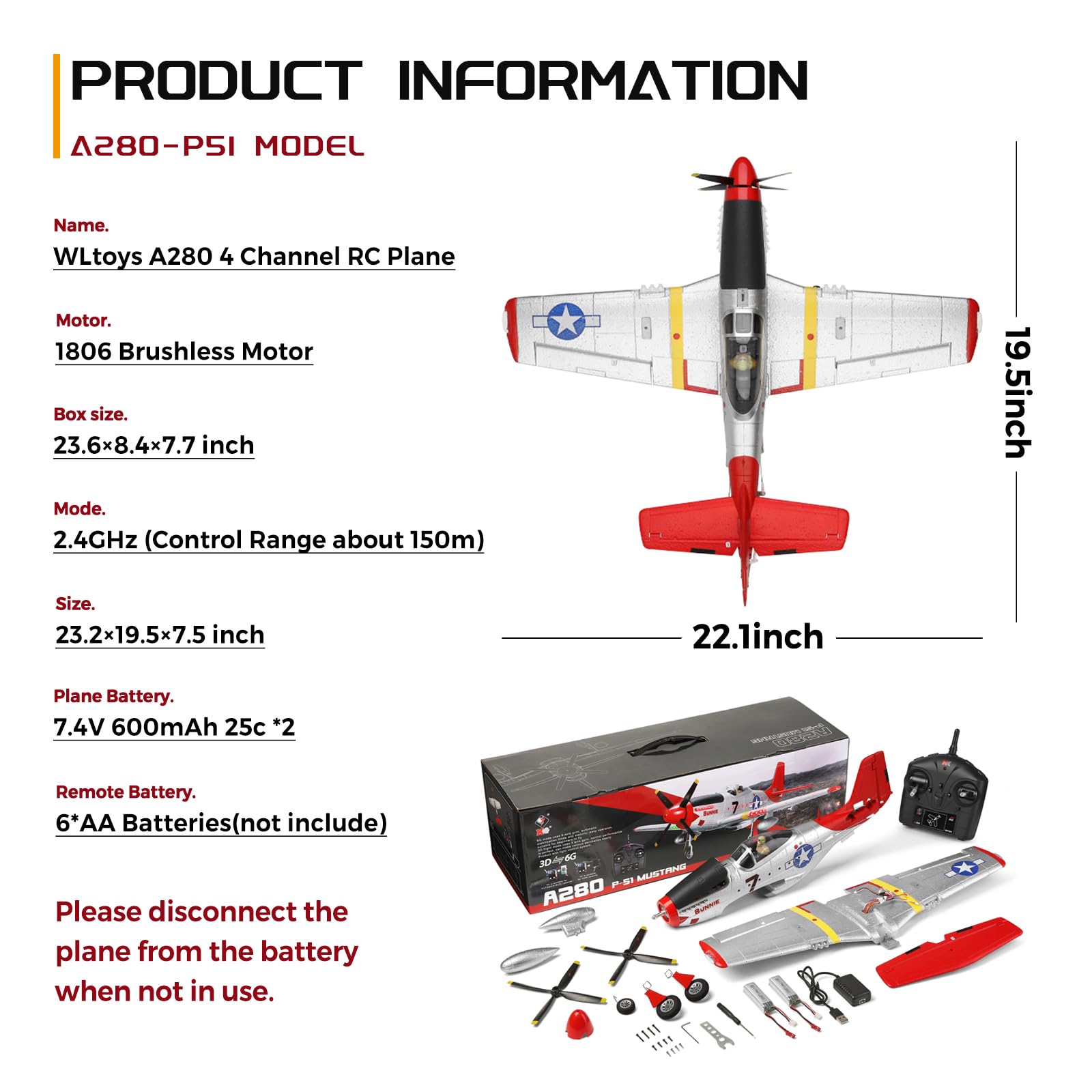 WLtoys XK A280 P51 Mustang 4 Channel RC Airplane with LED Lights - 2.4G Brushless Remote Control Plane for Adults (6G/3D Mode) - Perfect for Hobby Flying, Outdoor Sports & RC Plane Gifts