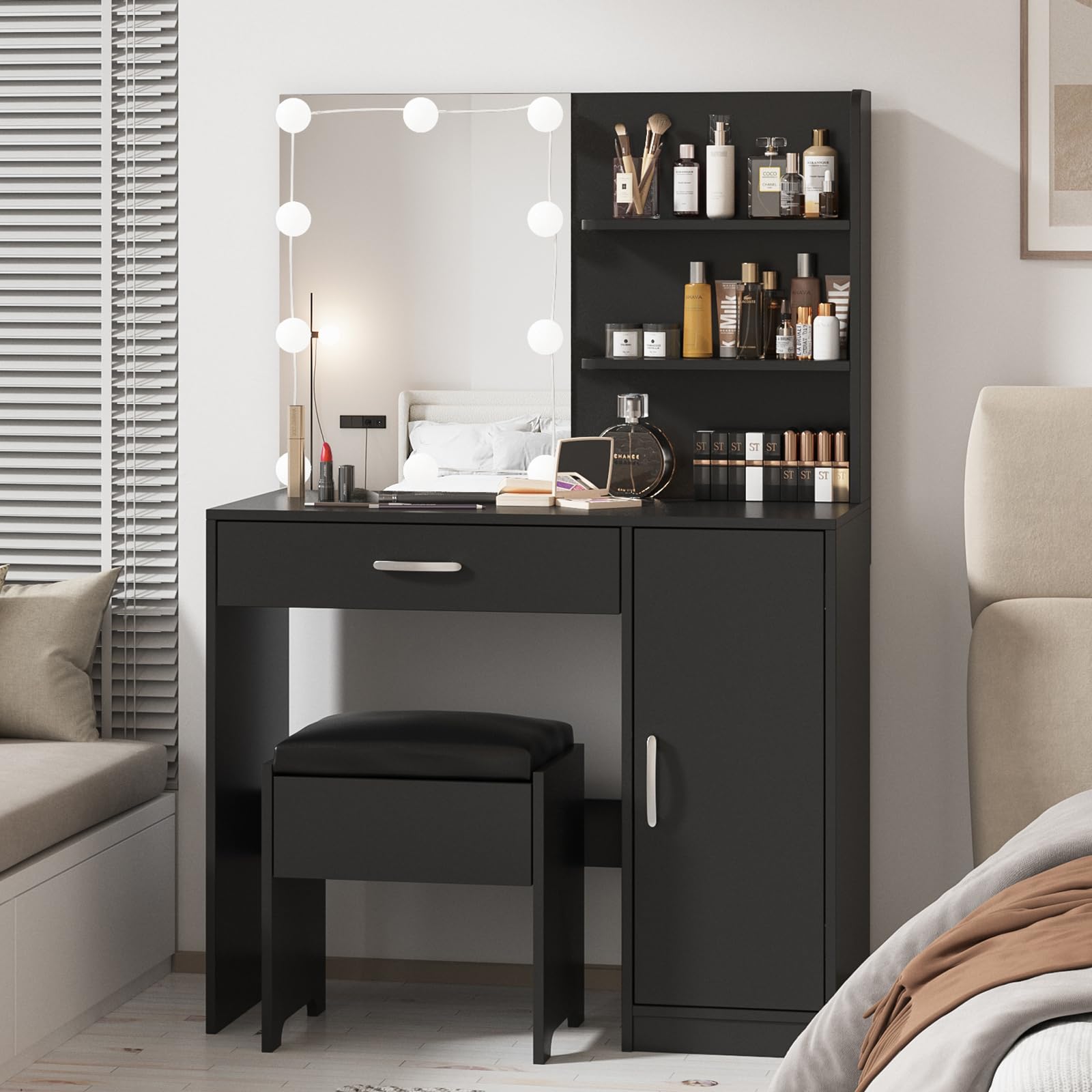 Lighted Makeup Vanity Desk with Mirror, Storage Drawers & Cabinet - Dressing Table for Bedroom & Bathroom (Black) | Perfect for Beauty Routine, Makeup Organization & Small Space Decor