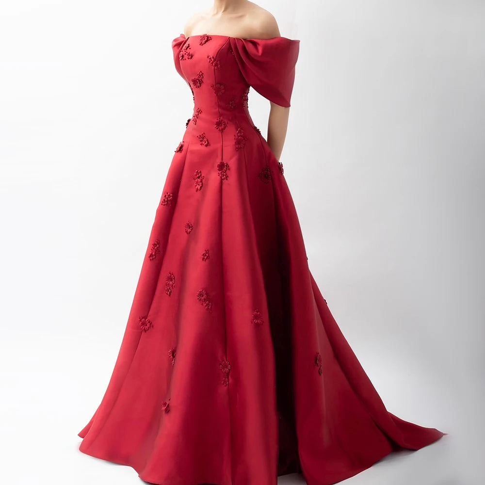 Elegant Off Shoulder Wine Red A-Line Evening Dress with Appliques - Luxury Dubai & Saudi Arabian Style Formal Gown LA72778 for Prom, Wedding & Special Occasions