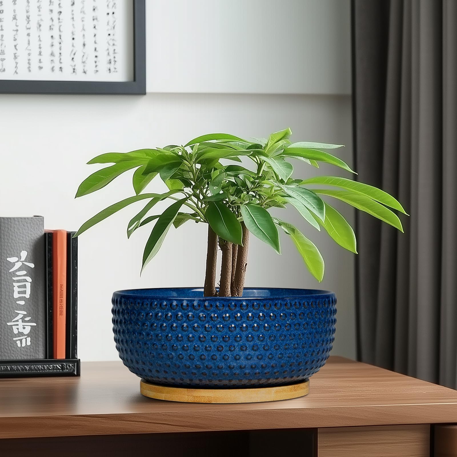 8 Inch Ceramic Bonsai Pots with Drainage Hole & Saucer - Modern Round Planter for Succulent Plants, Bonsai Trees, Indoor House Decor - Perfect Gift for Women & Men (Blue) - Ideal for Home, Office, and Garden Decorations