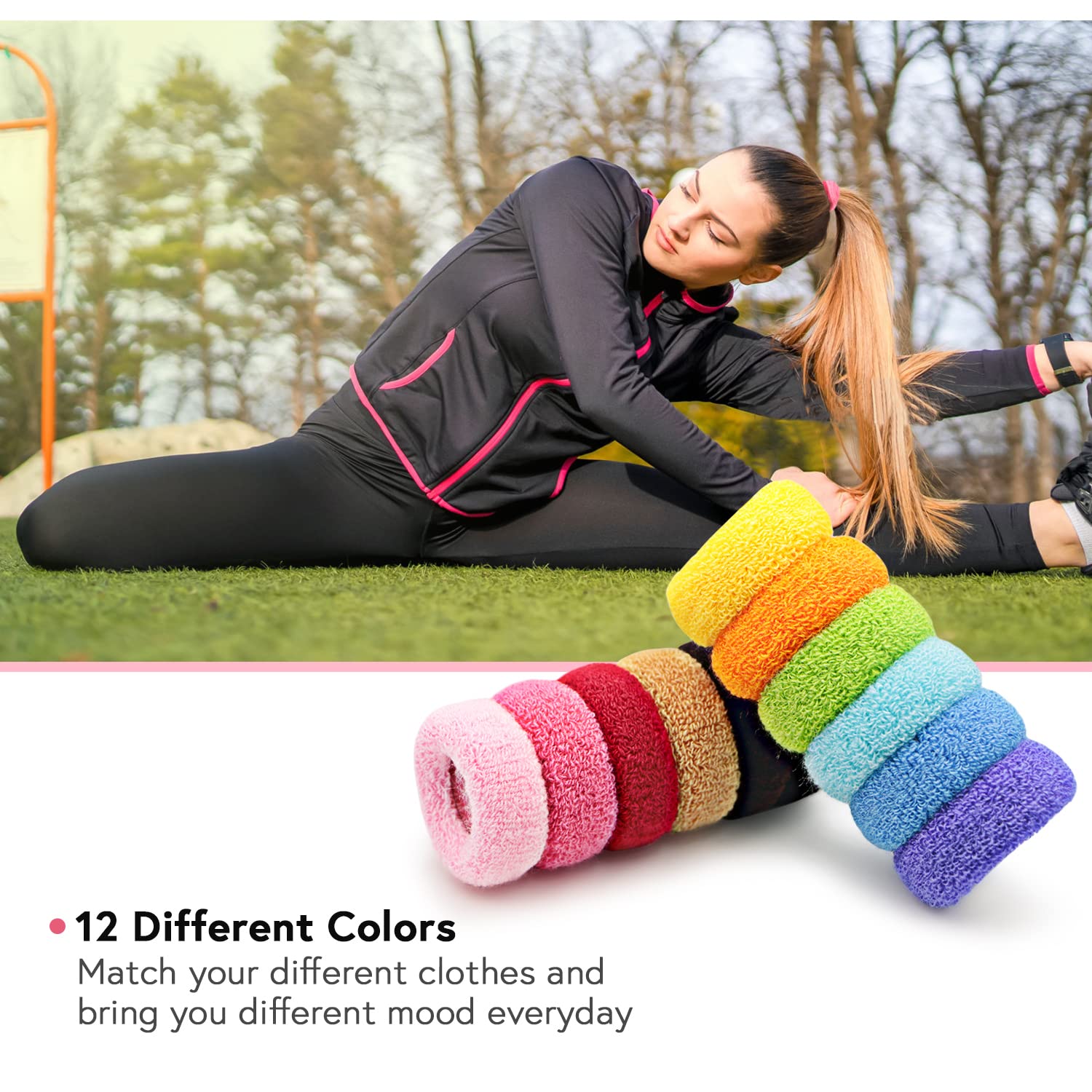 Large Stretch Terry Cloth Hair Ties & Thick Hair Elastics - Soft Knit Scrunchies for Women, Girls & Kids (12-Pack) | Perfect for Ponytails, Buns & Everyday Hairstyles | All Hair Types