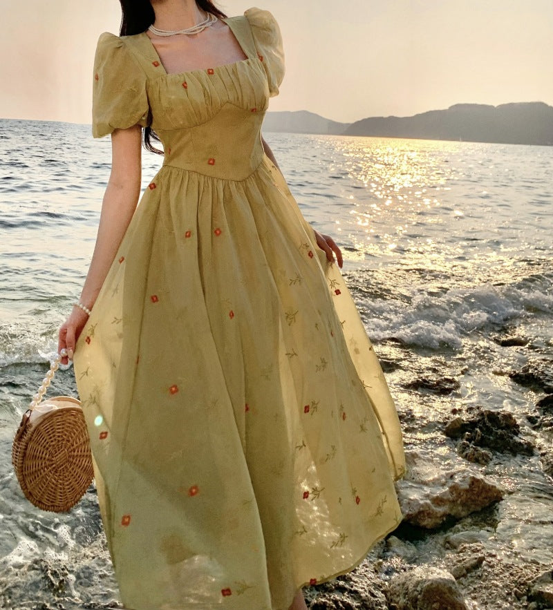 French Square Neck Floral Retro Chiffon Long Dress for Women - Elegant Fairy Green Summer Maxi Dress for Beach, Wedding & Special Occasions