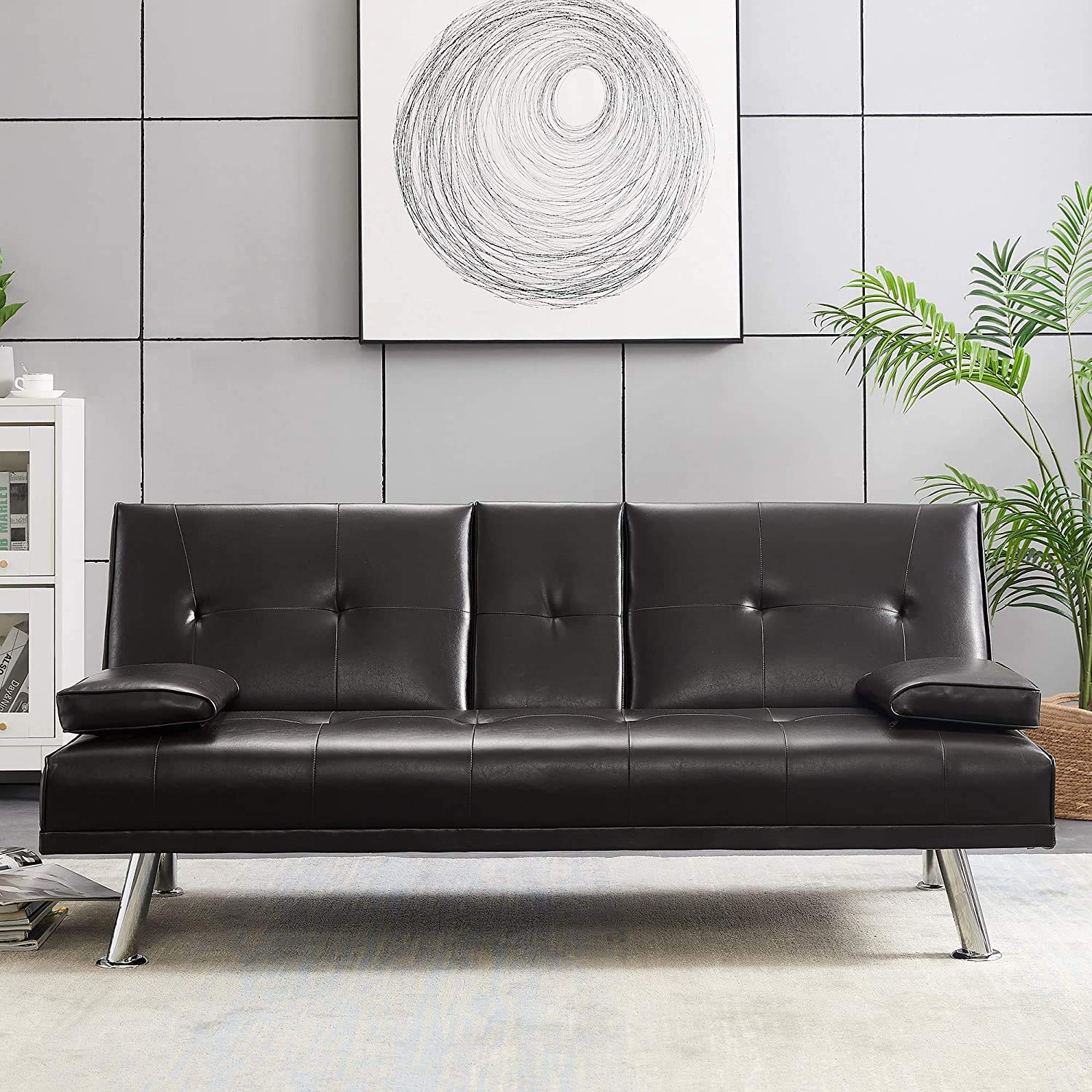 Modern Faux Leather Convertible Futon Sofa Bed - Recliner Couch with Foldable Armrests & Cup Holders for Living Room, Guest Room & Small Spaces (Black) - Perfect for Lounging, Movie Nights & Overnight Guests