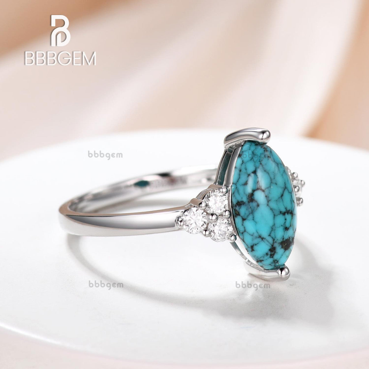 Marquise Turquoise Engagement Ring with Three Diamond Side Stones in 14k Gold Band - Perfect for Proposals, Weddings & Anniversary Gifts