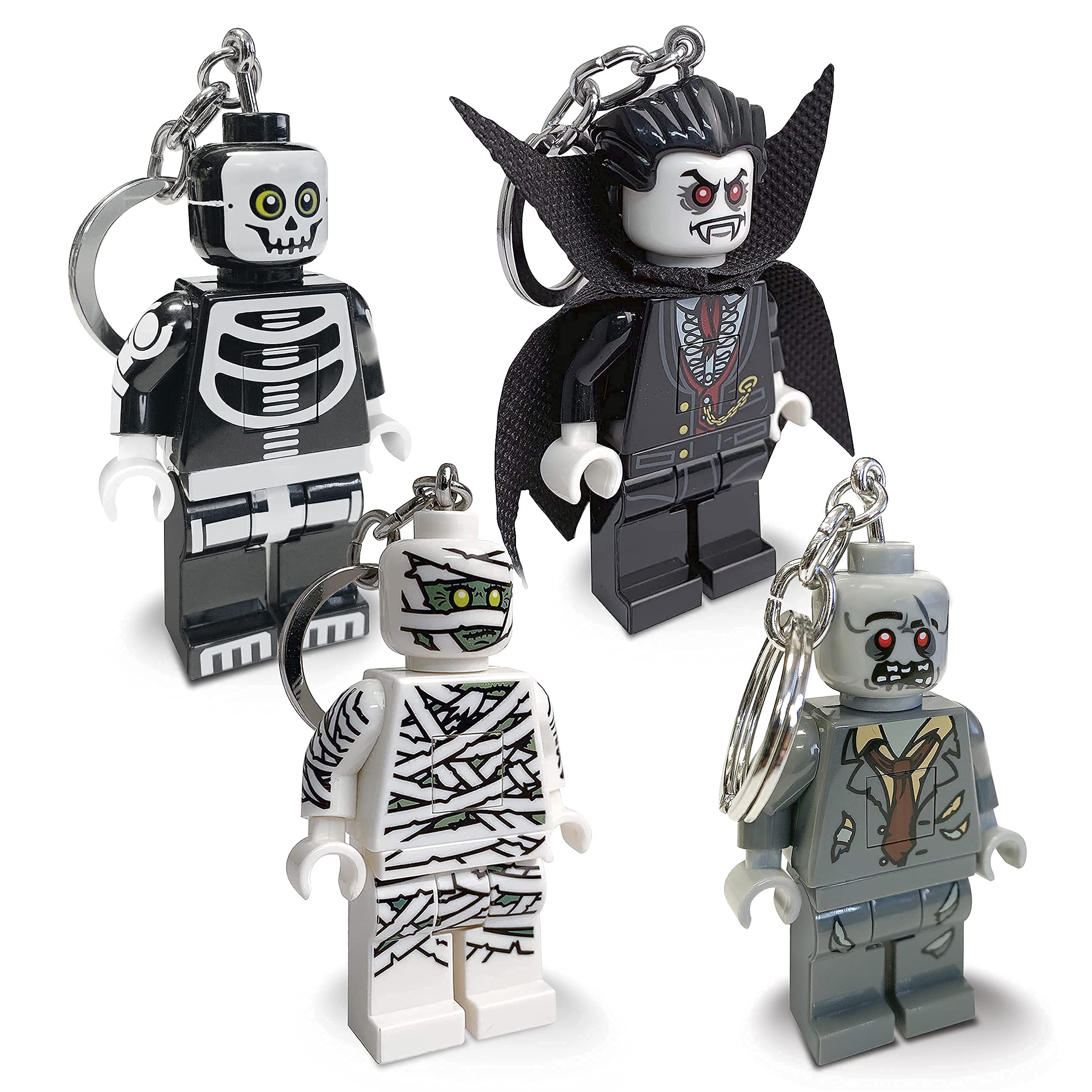 LEGO Monster Fighters Keychain Light Set - Glow in The Dark 3 Inch Figures (Mummy, Skeleton, Vampire, Zombie) - Perfect for Halloween Decorations, Cosplay Accessories & Gift Giving