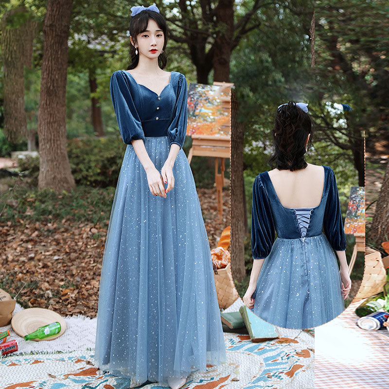 Elegant Blue Tulle Velvet Bridesmaid Dress - Long Formal Evening Gown for Weddings, Prom & Special Occasions | Plus Size 525