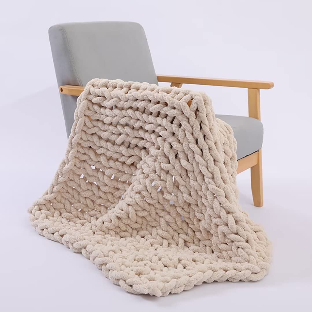 Luxury Chunky Knit Chenille Throw Blanket - Soft Lightweight Farmhouse & Boho Style Blanket for Sofa, Bed, or Home Decor - 24x24 Inches Beige - Perfect for Cozy Evenings, Gift Giving & Nursery Decor