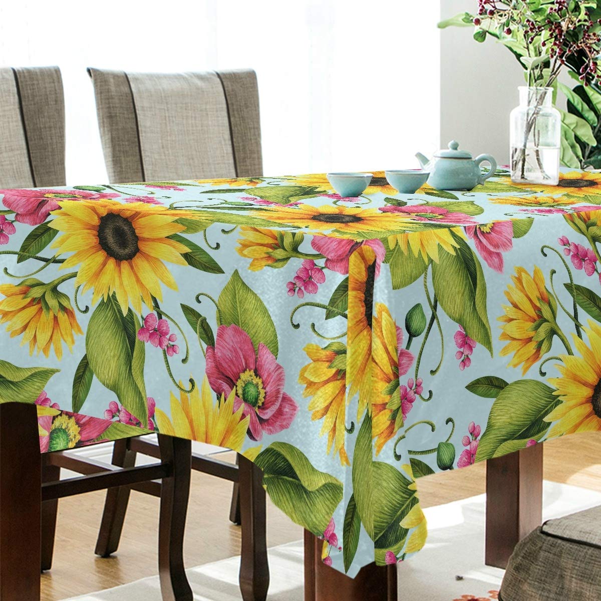 Sunflower Poppy Leaf Tablecloth 60x120 Inch Rectangle Table Cover - Waterproof Washable Table Protector for Outdoor Wedding Party Dining Room Decor