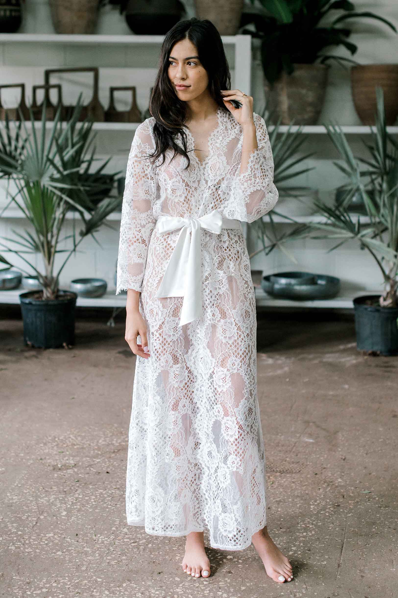 Leah Boho Lace Robe - Elegant Ivory & Black Kimono Cover Up for Women | Perfect for Beach Weddings, Bridal Party, and Relaxing at Home