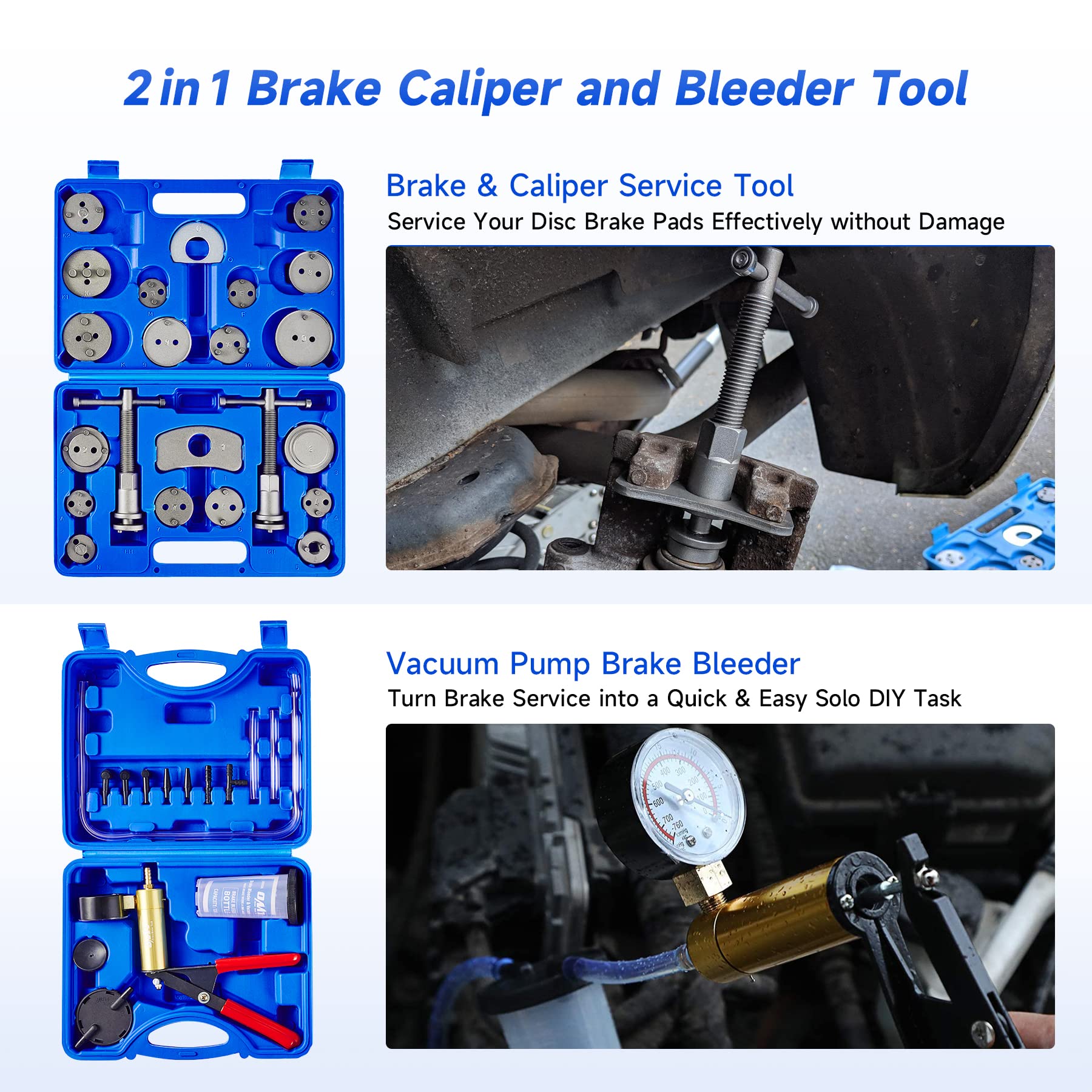 Orion Motor Tech 2-in-1 Brake Caliper Compression Tool & Brake Bleeder Kit - Handheld Vacuum Pump Brake Bleeder Set with Thrust Bolt Retaining Plates & 18 Adapters - Professional Disc Brake Pad Service Tool for Car, Truck & Motorcycle Maintenance