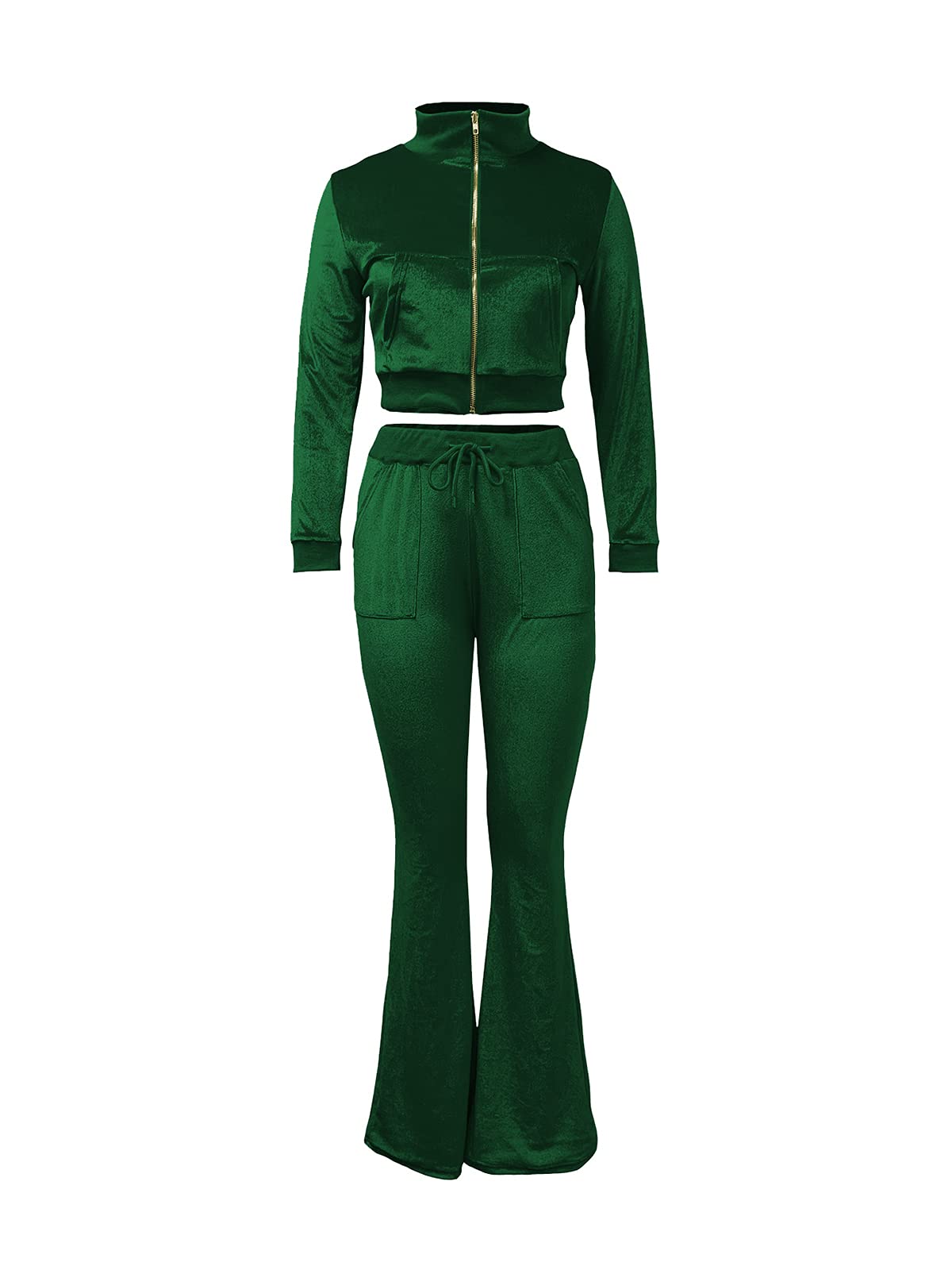 JURIS Women's 2-Piece Velour Tracksuit Set - Long Sleeve Zip Crop Top & Flare Pants | Soft Lounge Wear for Yoga, Gym, and Casual Outfits