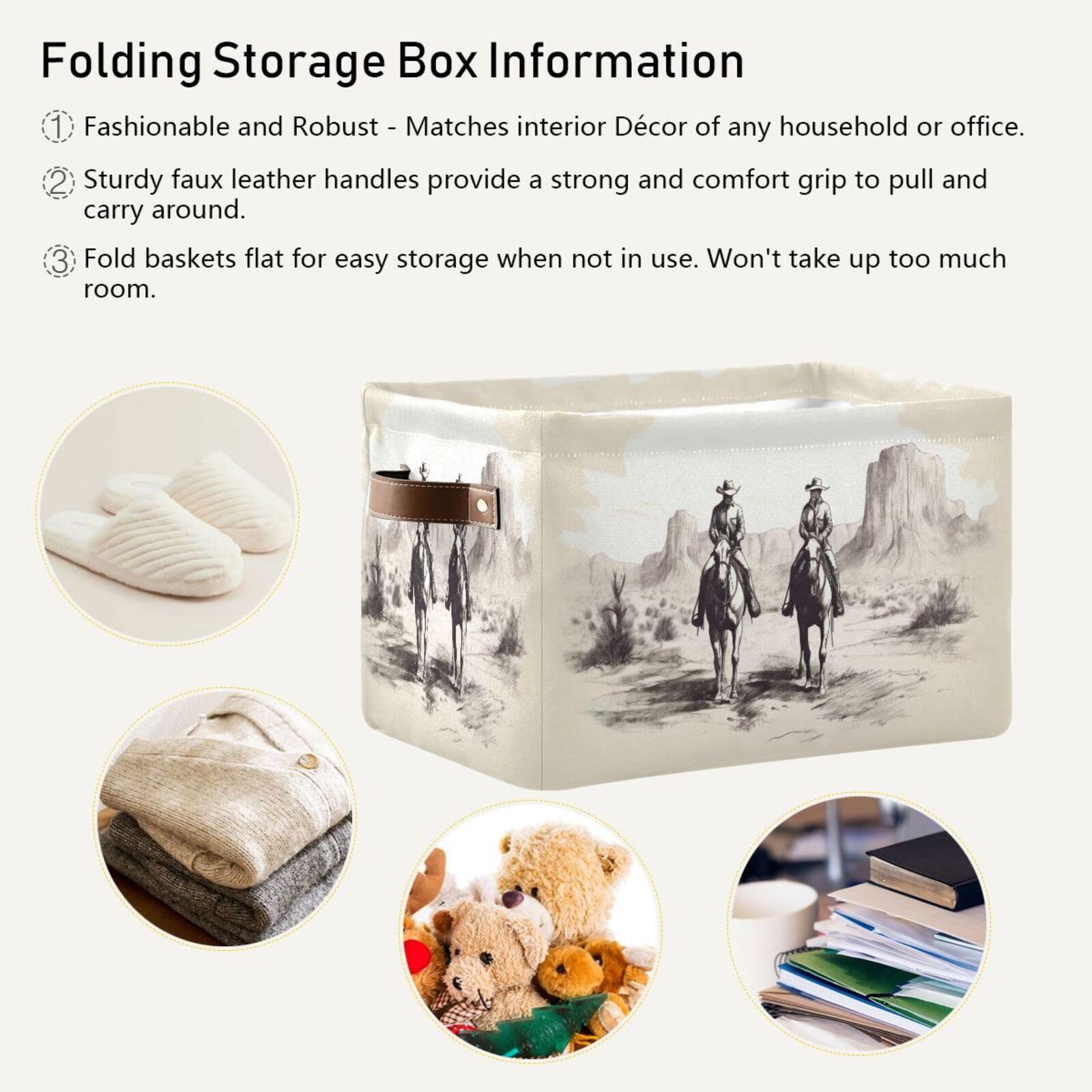 Western Cowboy Style Foldable Fabric Storage Baskets with Leather Handles - 2 Pack Organizer Bins for Closet, Bedroom, Nursery & Office - Perfect for Home Organization & Western Decor