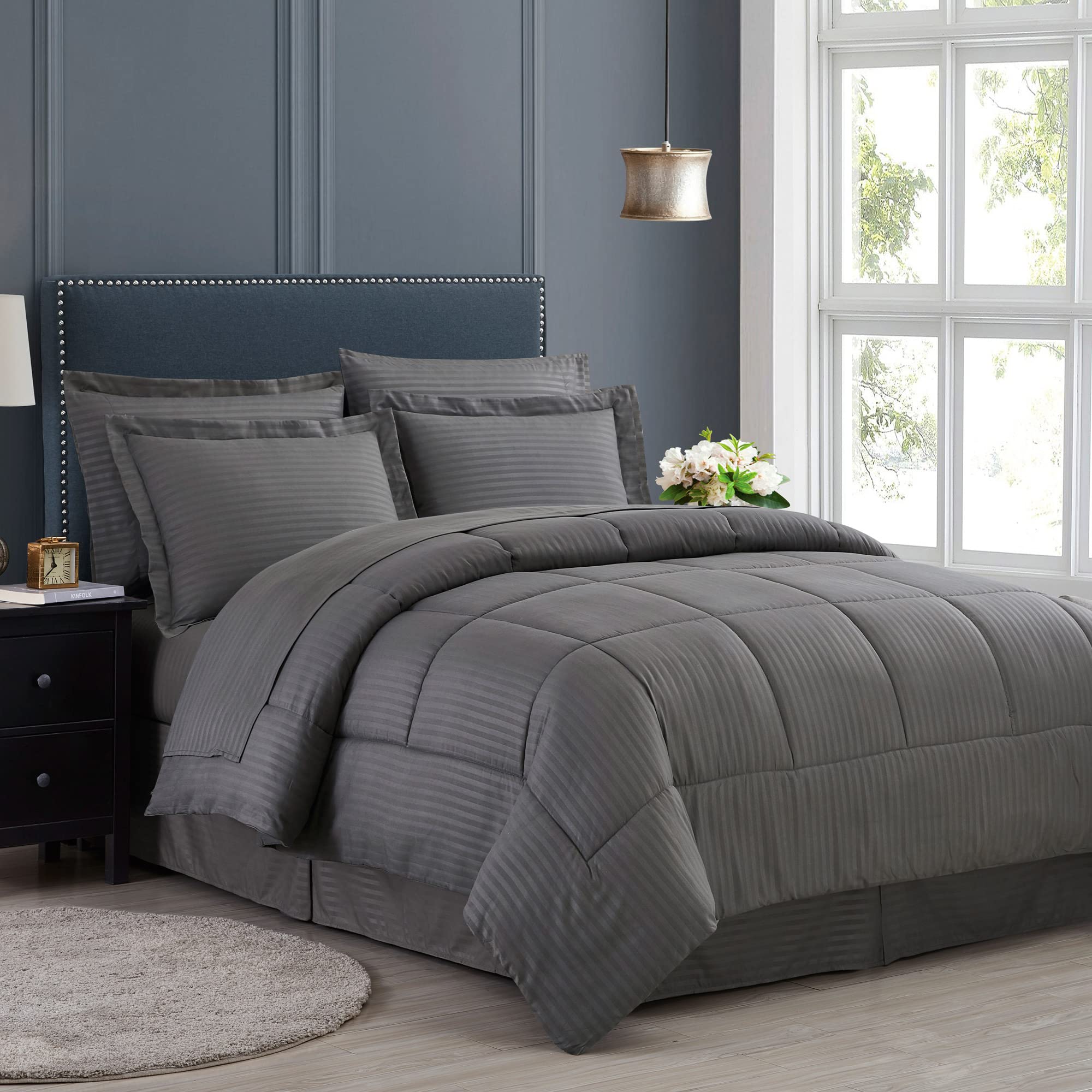 Premium 8-Piece King Size Comforter Set - Includes Bed Skirt, Fitted Sheet, Flat Sheet, 2 Pillowcases & 2 Shams - Soft Dobby Gray Luxury Bedding for Master Bedroom & Guest Room - Easy Care Wrinkle-Resistant Complete Bed in a Bag Set