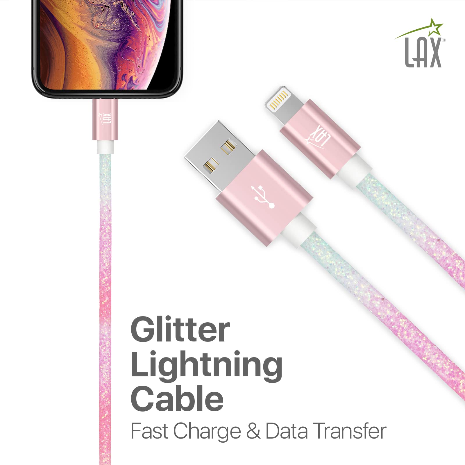 LAX Gadgets USB A to Lightning Cable - MFI Certified Fast Charging & Data Sync Cable for iPhone 14/13/12/11/X/8, iPad, iPod - 6ft Nylon Braided Durable Cable - Pastel Rainbow (GLMFI6PAS) | Perfect for Home, Office & Travel Charging