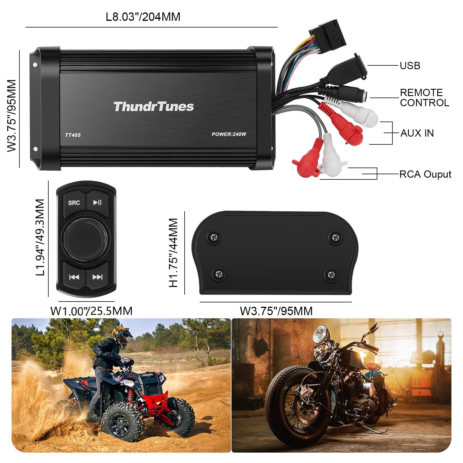 **Marine Powersport Bluetooth Amplifier Audio System - 60W x 4 CH Class D, 2 Black Speakers, Switch Mount - Perfect for Motorcycle, UTV, ATV, Boat - Enhance Your Ride with Premium Sound**