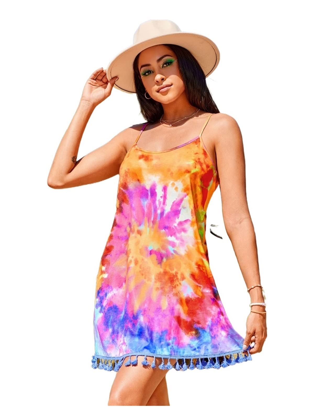 TINMIIR Women's Tie Dye Summer Dress with Tassel Trim - Flowy Cami Sundress for Beach, Vacation & Casual Outings