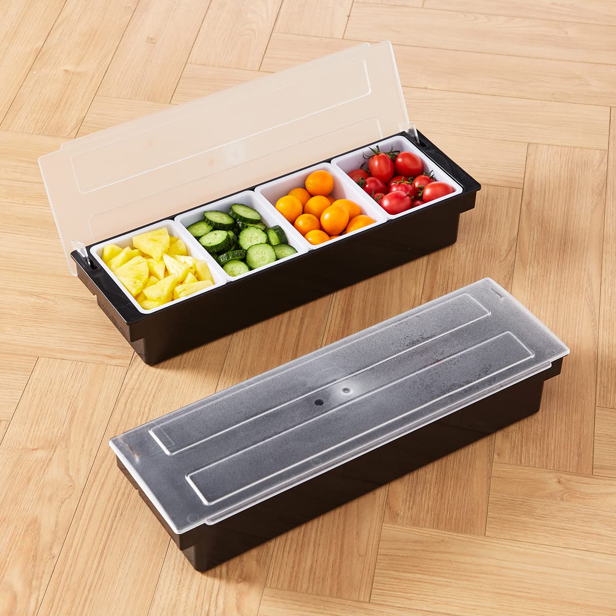 4-Compartment Ice Cooled Condiment Serving Container - Chilled Garnish Tray with Hinged Lid | Perfect for Bars, BBQs, Parties & Outdoor Dining