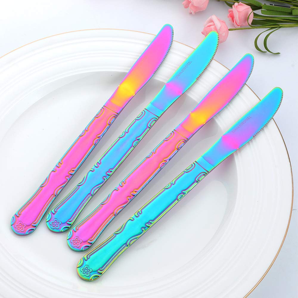 12-Piece Rainbow Stainless Steel Dinner Knives Set - Colorful Titanium Plated Silverware with Flower Edge, 8.6 Inch Multi-Color Flatware for Parties, Weddings & Elegant Dining