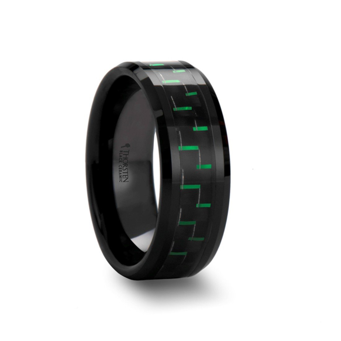 ATILUS 8mm Black Ceramic Wedding Band with Beveled Edge & Black/Green Carbon Fiber Inlay - Durable Comfort Ring for Men, Perfect for Engagement, Anniversary, and Everyday Wear
