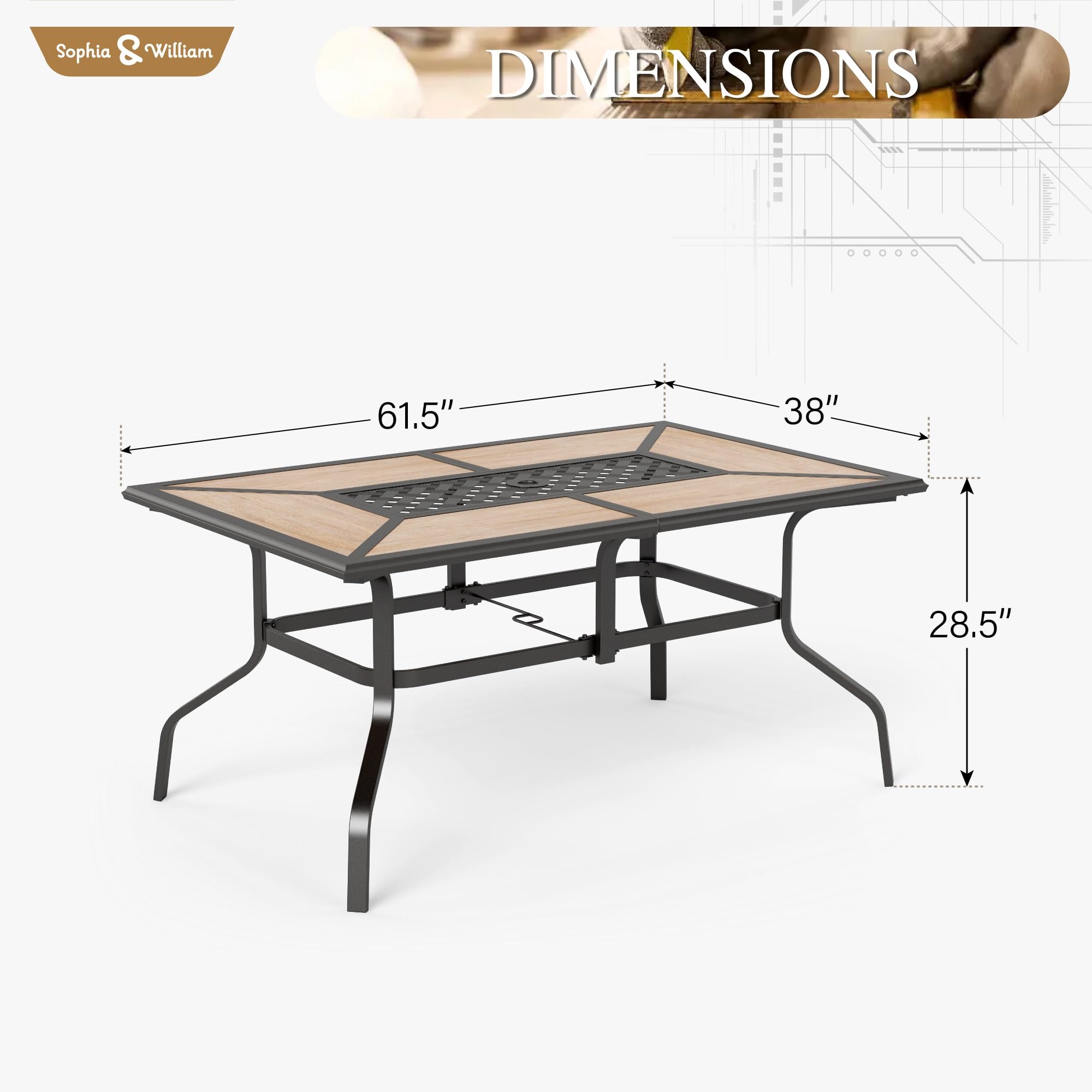 Sophia & William 6-Person Rectangular Outdoor Dining Table with Adjustable Umbrella Hole (1.6