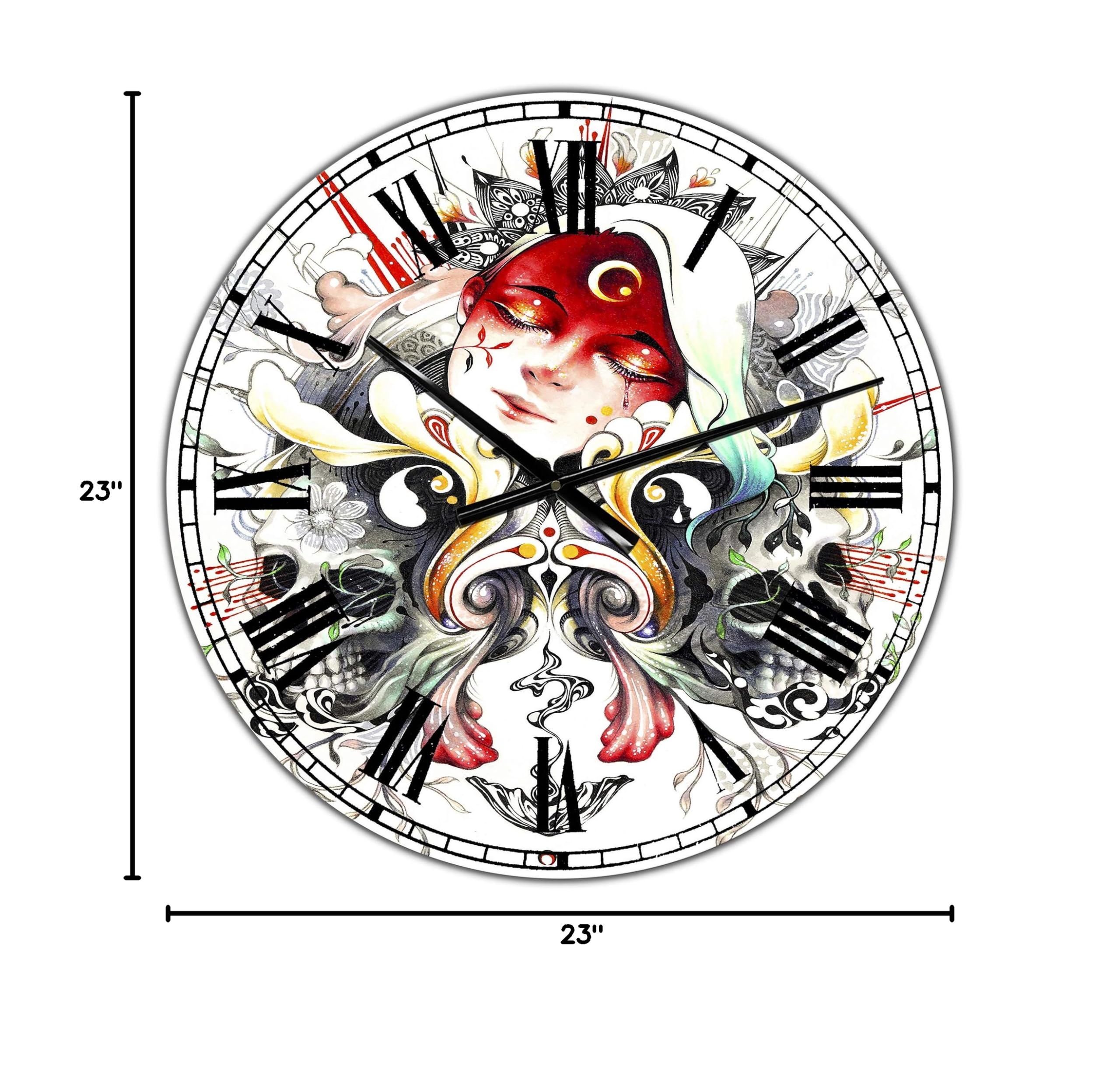 DesignQ Modern Wall Clock 'Sleeping Girl on Blossoming Skulls' - 12 Inch Round Red Wall Clock for Home & Office Decor - Perfect for Living Room, Bedroom, or Office Wall Art