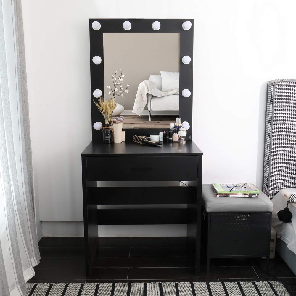 GBB Single Drawer Vanity Table with LED Lights & Large Mirror - Makeup Dressing Table for Bedroom, Home Office, Hair Salon & Studio - Black Cosmetic Storage Desk with Adjustable Cold Lighting for Professional & Home Use