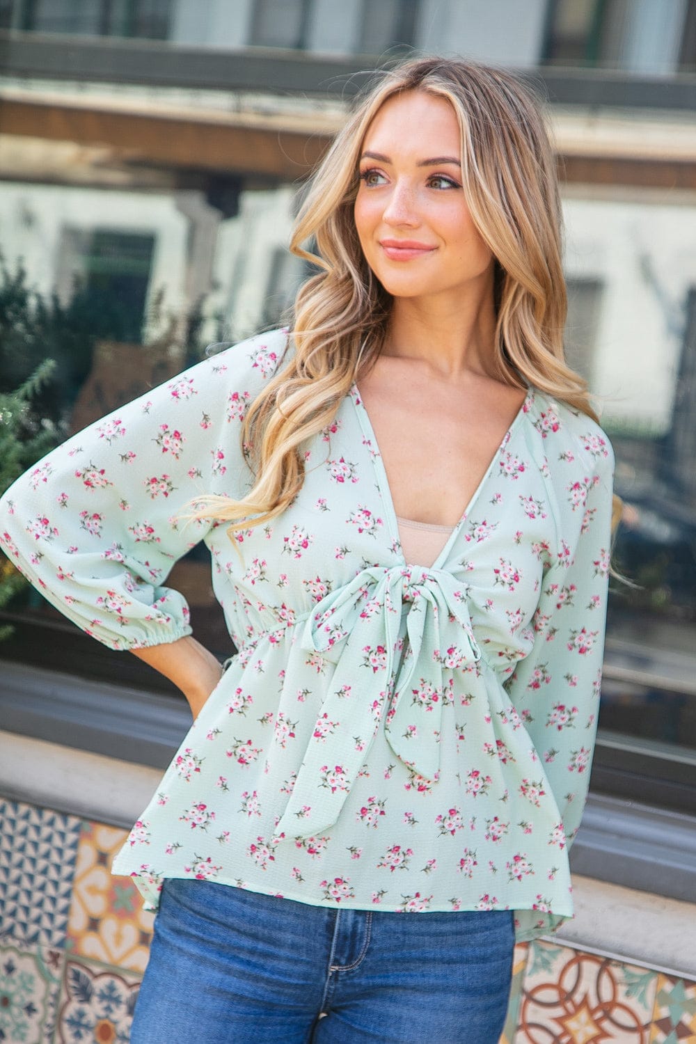 Elegant Mint Green Crepe Seersucker Floral Knotted Woven Blouse for Women | Summer Casual & Office Wear | Perfect for Brunch Dates and Business Meetings