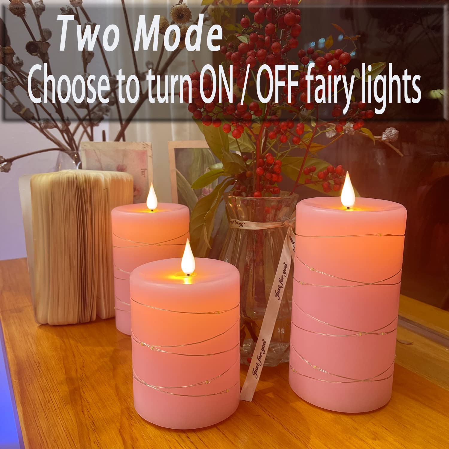 Pink Flameless LED Candles with Remote Control - Battery Operated Flickering Pillar Candles Set of 3 (4