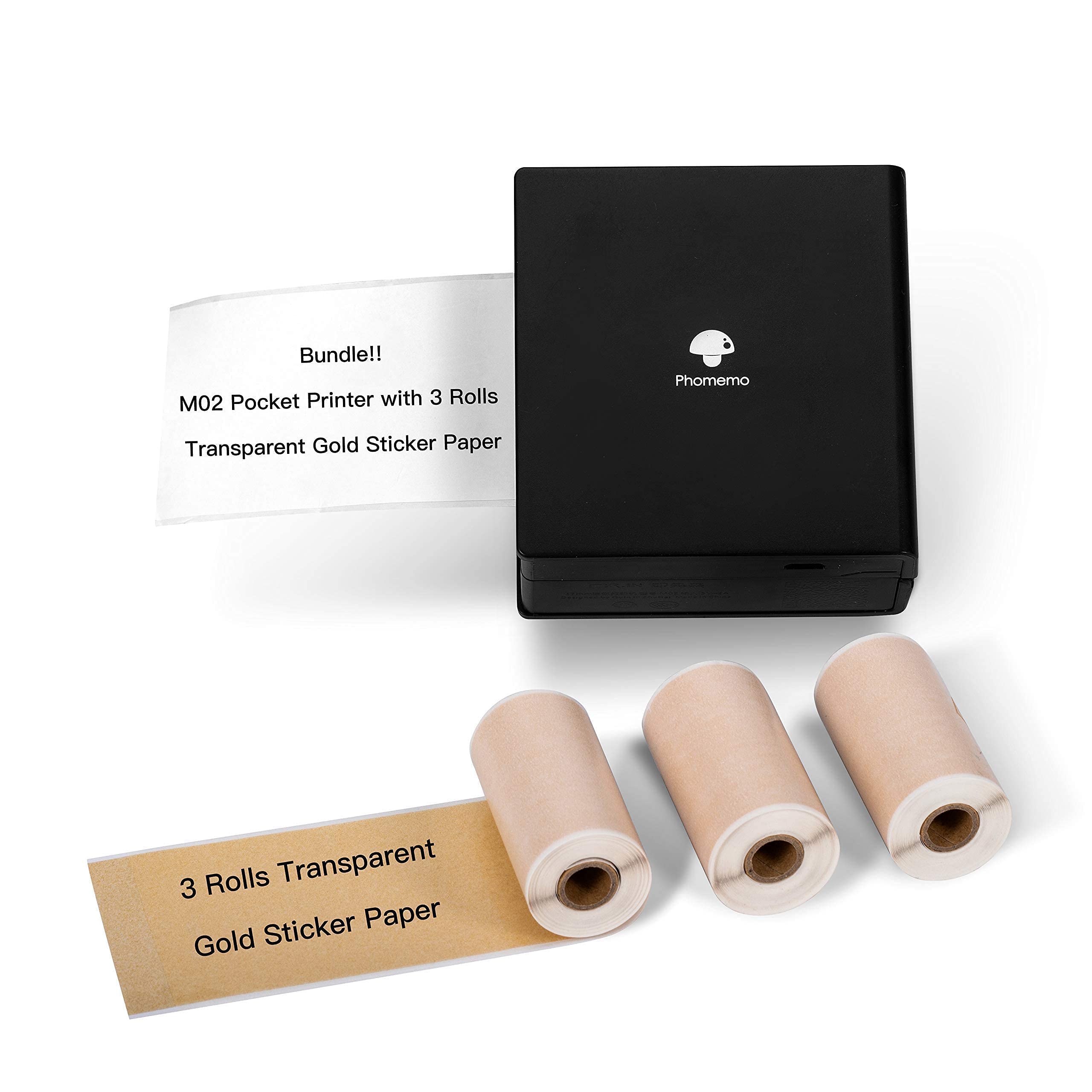 Phomemo M02 Portable Mini Thermal Printer - Wireless Pocket Printer with 3 Rolls Gold Sticker Paper for iPhone & Android | Perfect for Bullet Journaling, Study Notes, DIY Crafts, Office Work & Gift Giving | Compact Bluetooth Printer for Home, School & Travel Use
