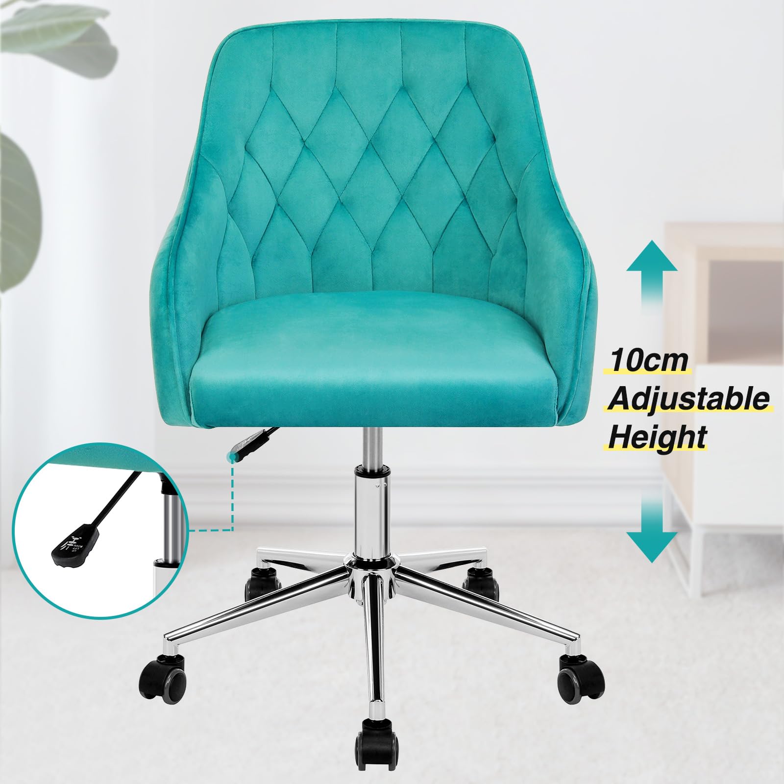VANSPACE Velvet Adjustable Swivel Desk Chair with Wheels - Green Home Office Chair for Makeup Vanity, Bedroom & Study Room | Comfortable Rolling Chair for Work, Gaming & Beauty Station