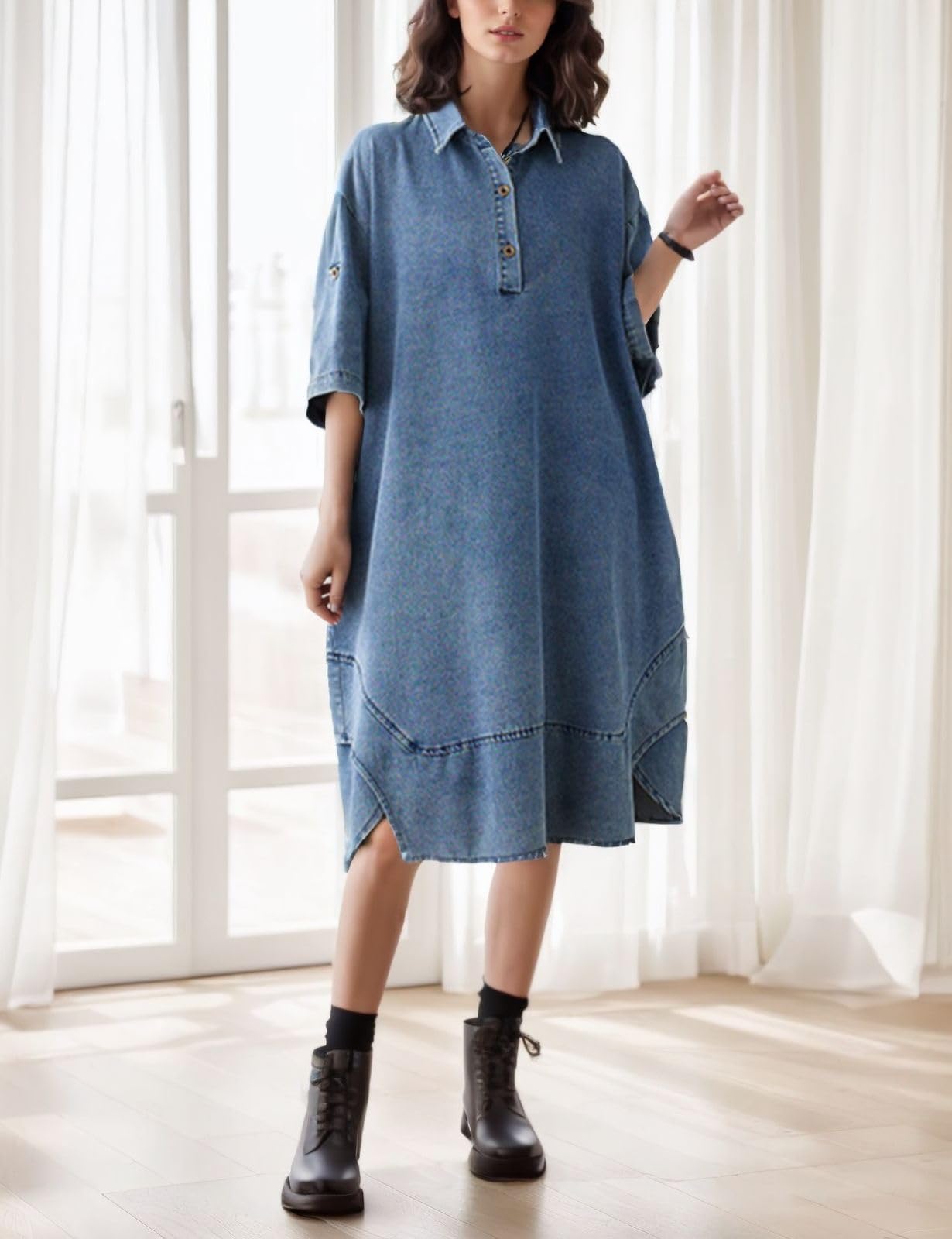 Kwoki Women's Oversized Denim Shirt Dress - Roll Up Short Sleeve Button Up Collared Jean Tunic with Pockets | Casual Summer Outfit, Beach Cover Up, Streetwear Fashion