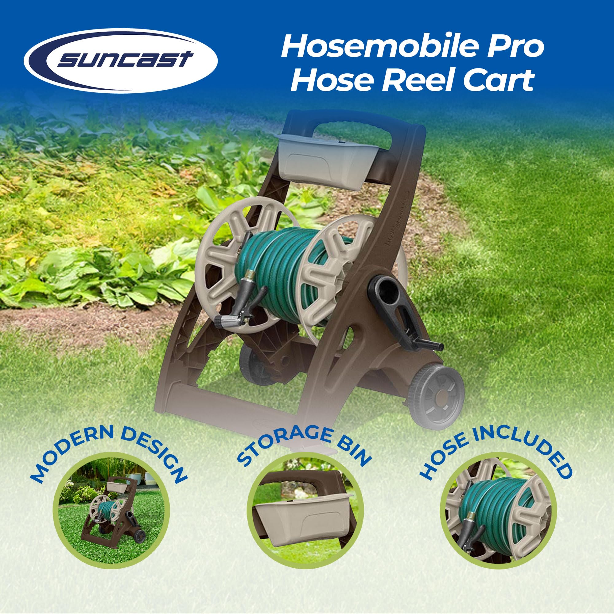 Suncast Hosemobile Portable Garden Hose Reel Cart with Wheels - Heavy Duty 225 ft Capacity, Crank Handle & Storage Tray - Ideal for Lawn Care, Gardening, and Outdoor Watering - Mocha Brown (Perfect for Backyards, Patios, and Large Gardens)