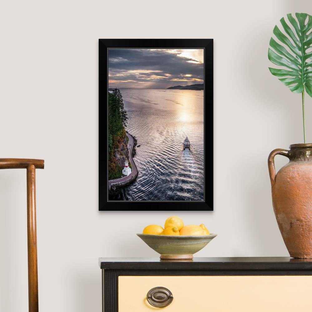 Boat in Burrard Inlet Cloudy Day Landscape Art Print - Black Framed Wall Decor for Living Room, Office & Bedroom