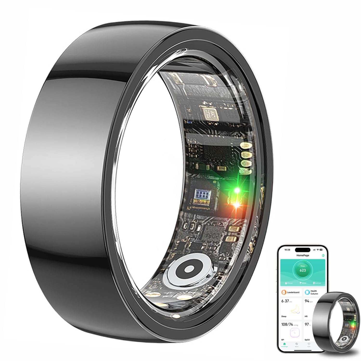 Smart Ring Health Tracker for Men & Women - Ceramic Black Fitness Sleep Monitor with Long Battery Life - Perfect for Activity Tracking, Heart Rate Monitoring & Sleep Analysis (Size 8)